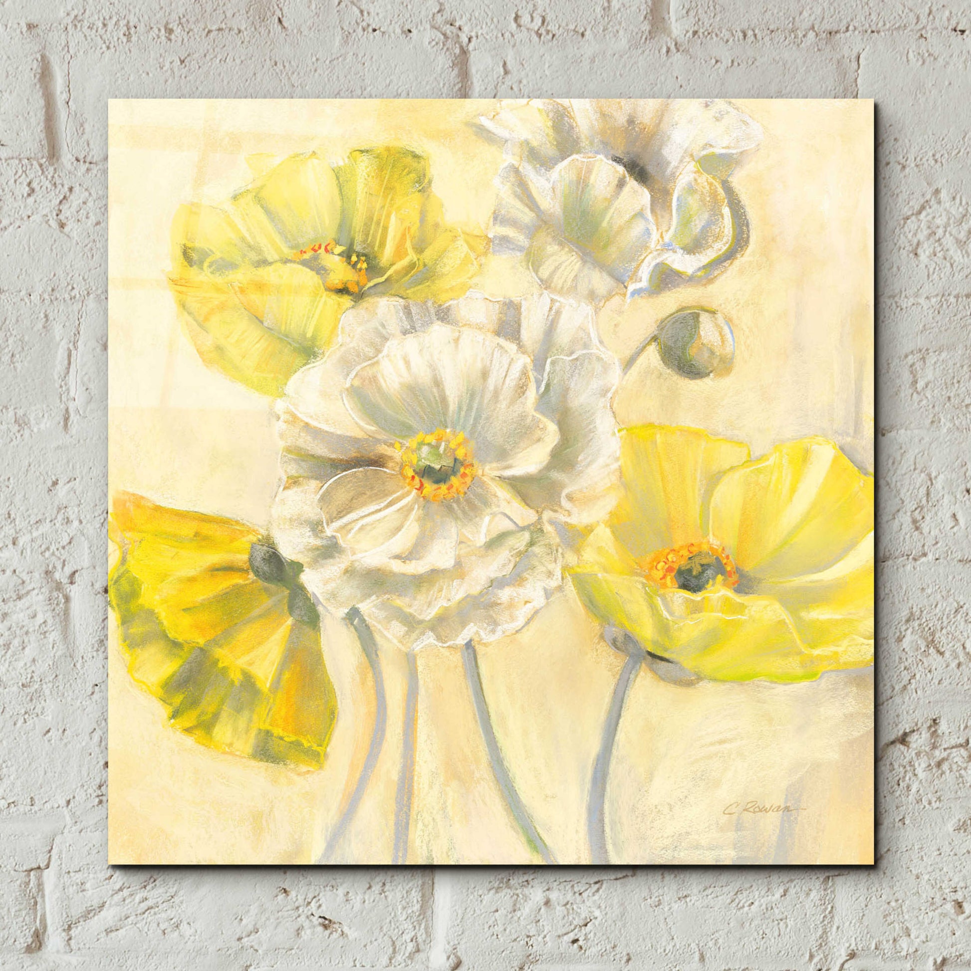 Epic Art 'Gold And White Contemporary Poppies I' by Carol Rowan, Acrylic Glass Wall Art,12x12