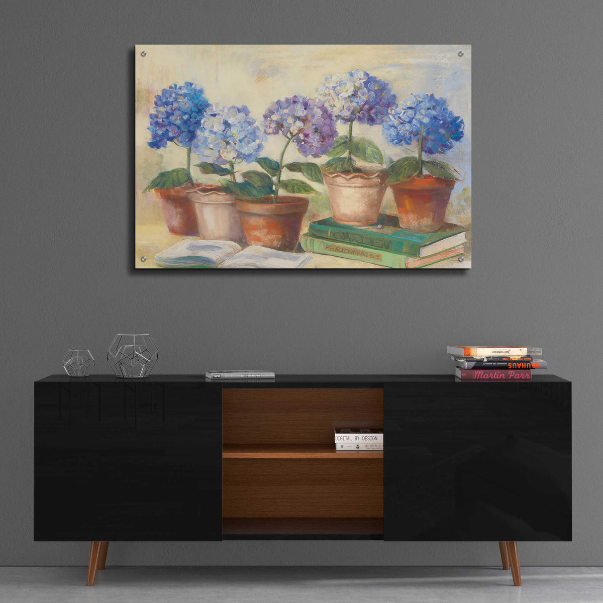 Gardeners Hydrangeas by Carol Rowan - 36x24 acrylic wall art in a room
