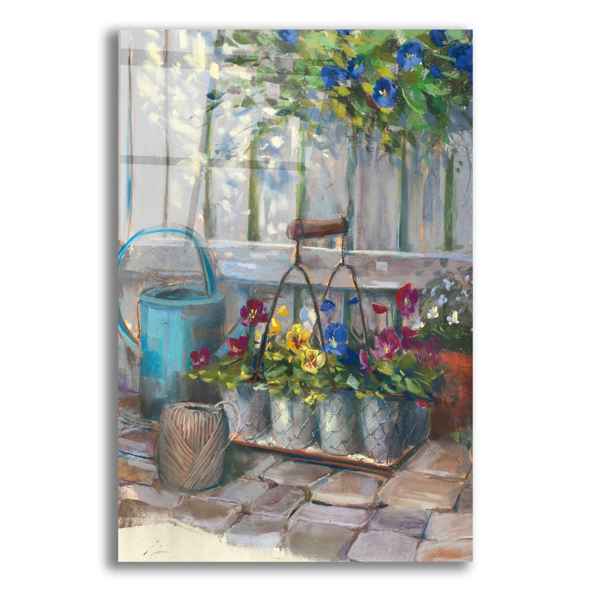 Epic Art 'Pansies In Wire Basket' by Carol Rowan, Acrylic Glass Wall Art