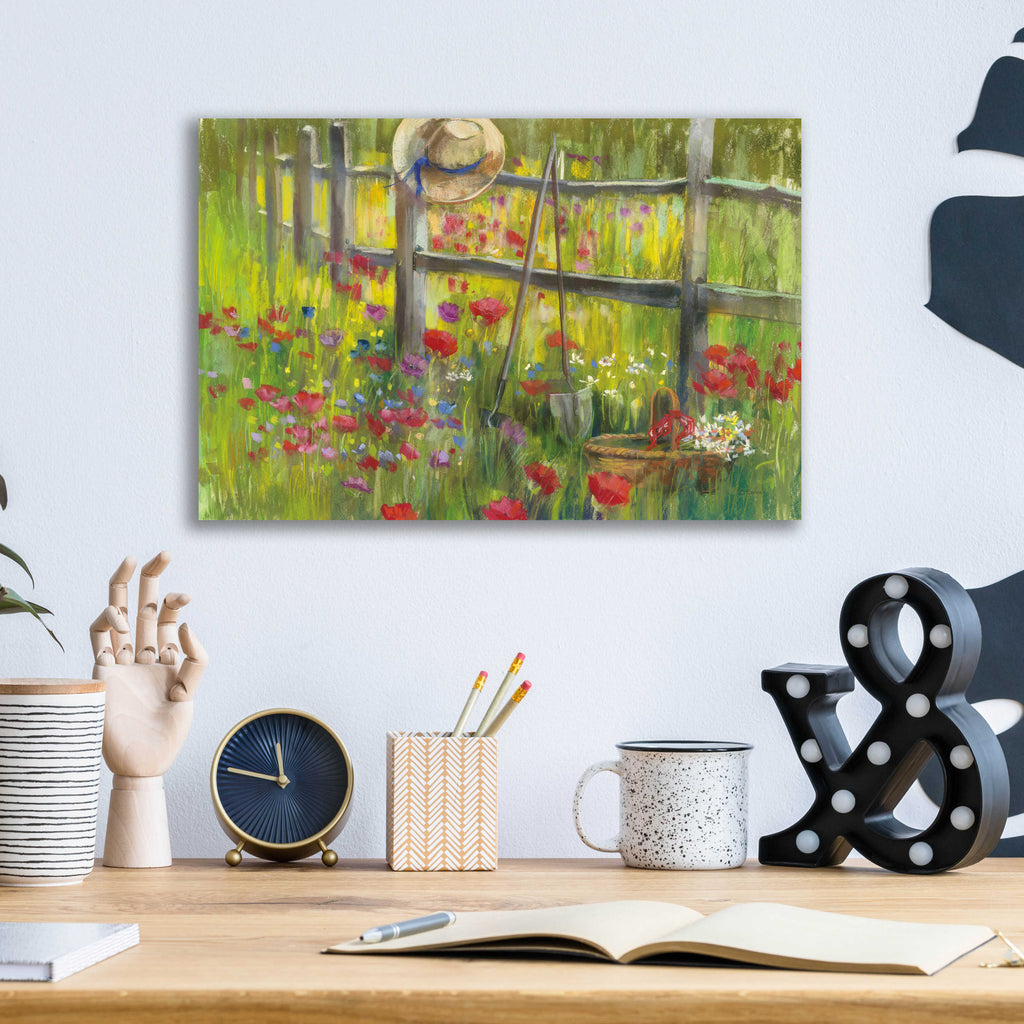 Gardening By The Fence by Carol Rowan - 16x12 acrylic wall art in a room