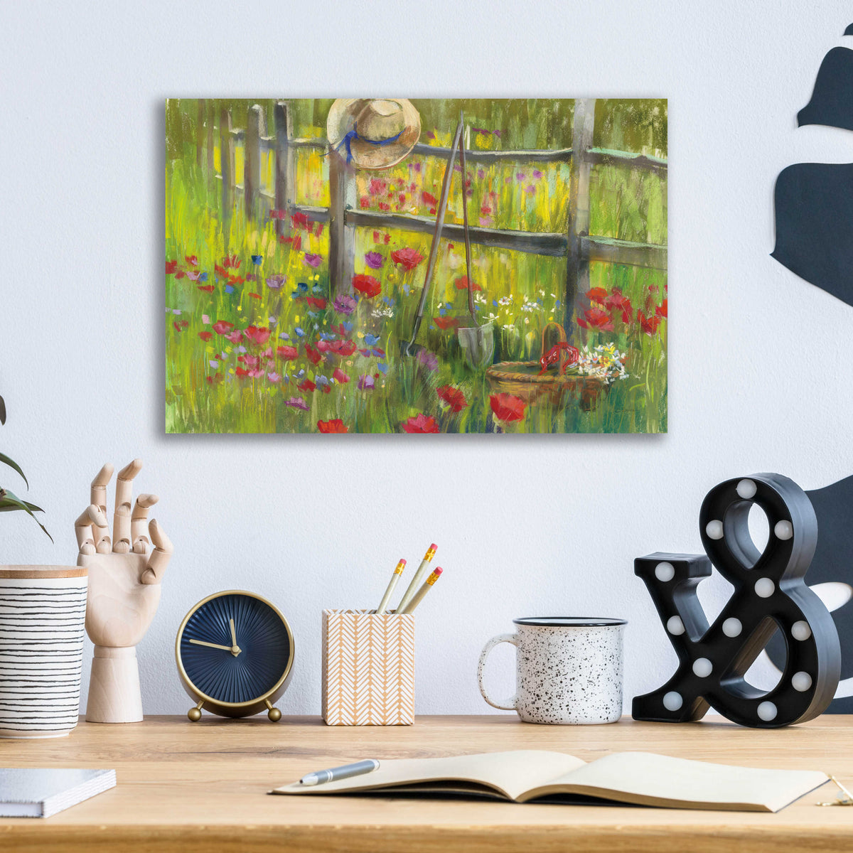 Gardening By The Fence by Carol Rowan - 16x12 acrylic wall art in a room