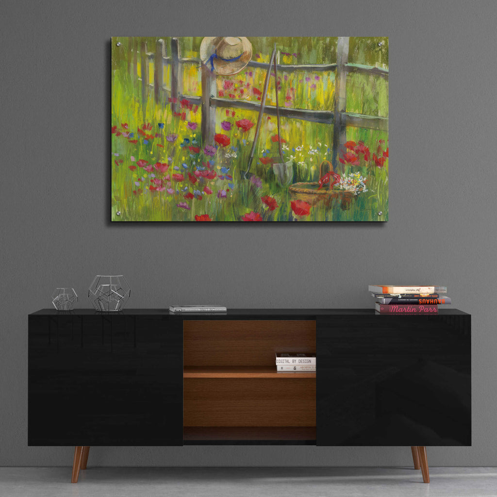 Gardening By The Fence by Carol Rowan - 36x24 acrylic wall art in a room