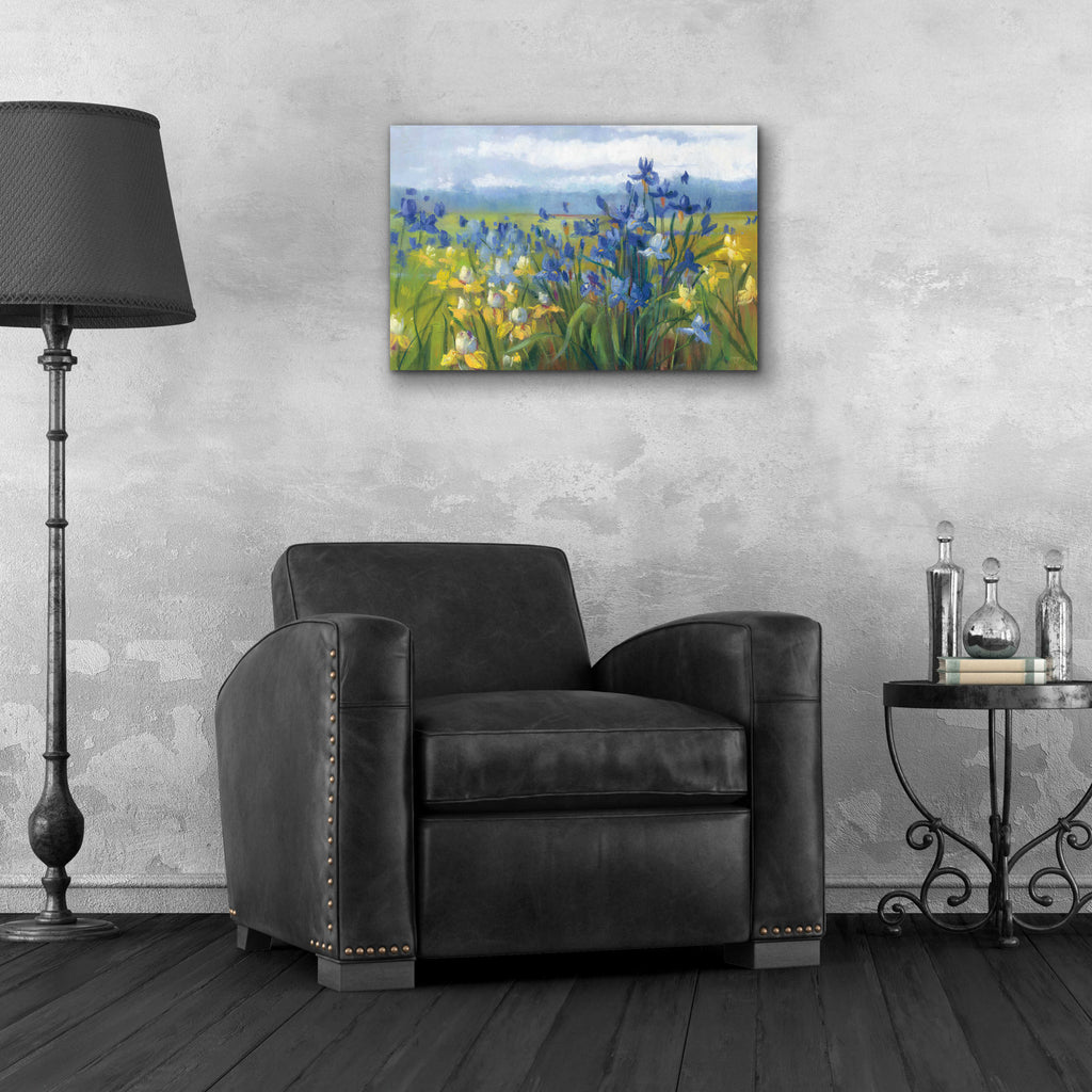 Blue And Yellow Flower Field by Carol Rowan - 24x16 acrylic wall art in a room