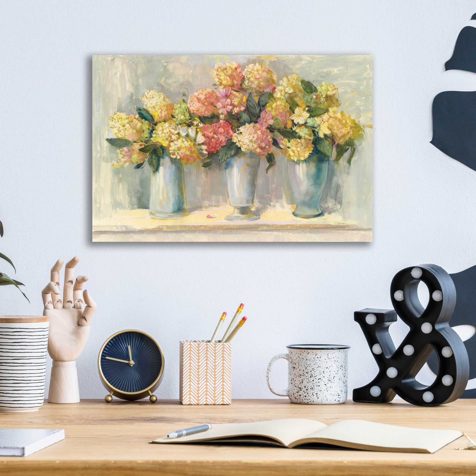 Epic Art 'IVory And Blush Hydrangea Bouquets' by Carol Rowan, Acrylic Glass Wall Art,16x12