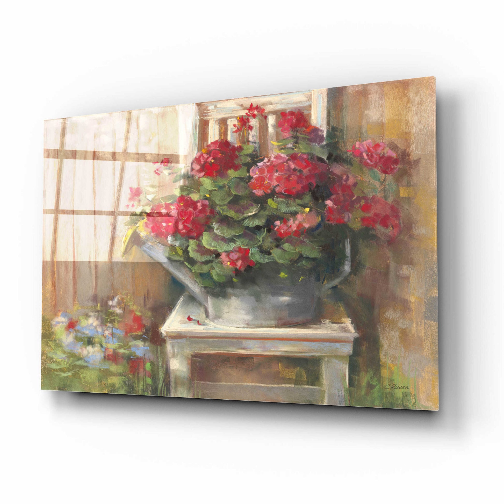 Epic Art 'Geraniums On Chair' by Carol Rowan, Acrylic Glass Wall Art,16x12