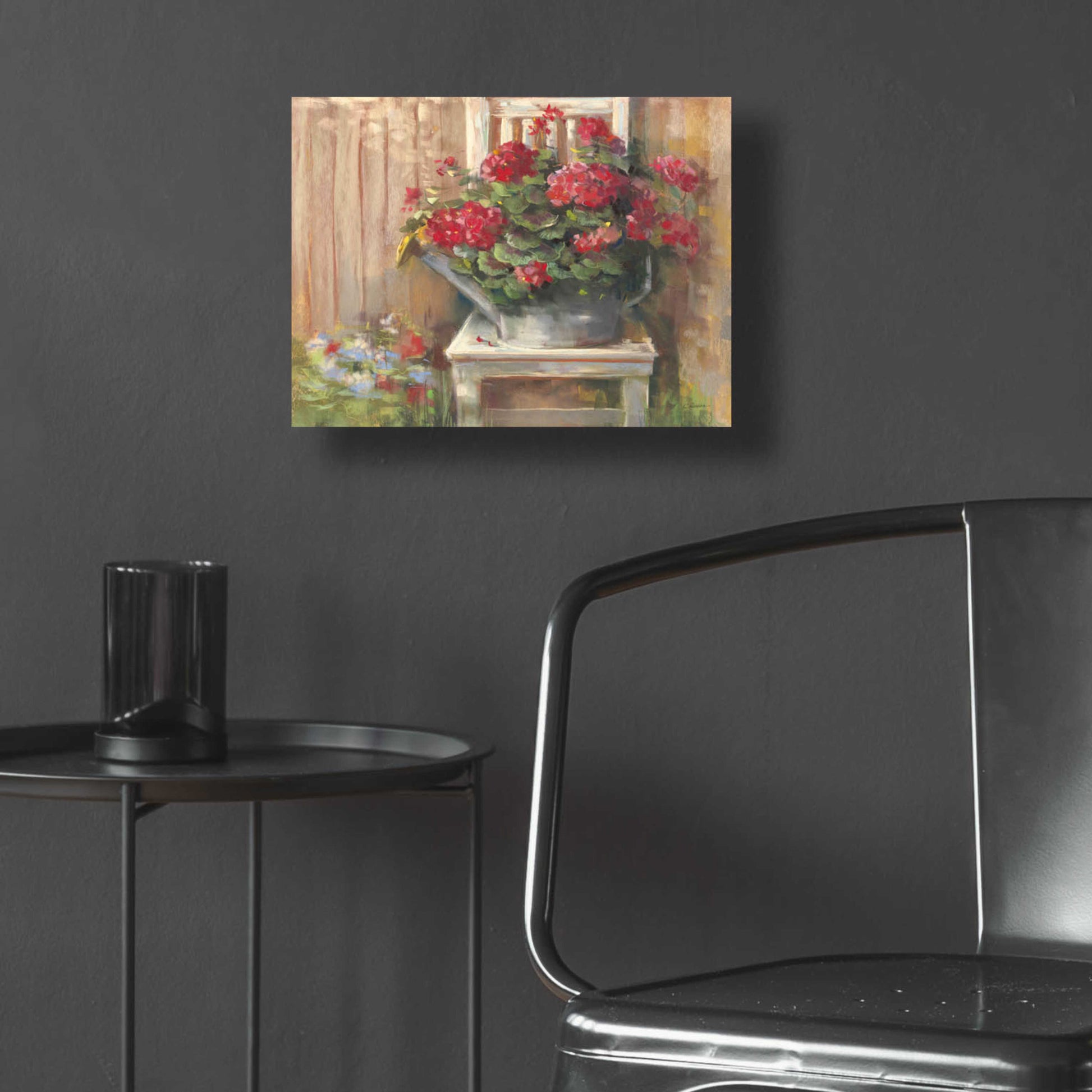 Epic Art 'Geraniums On Chair' by Carol Rowan, Acrylic Glass Wall Art,16x12