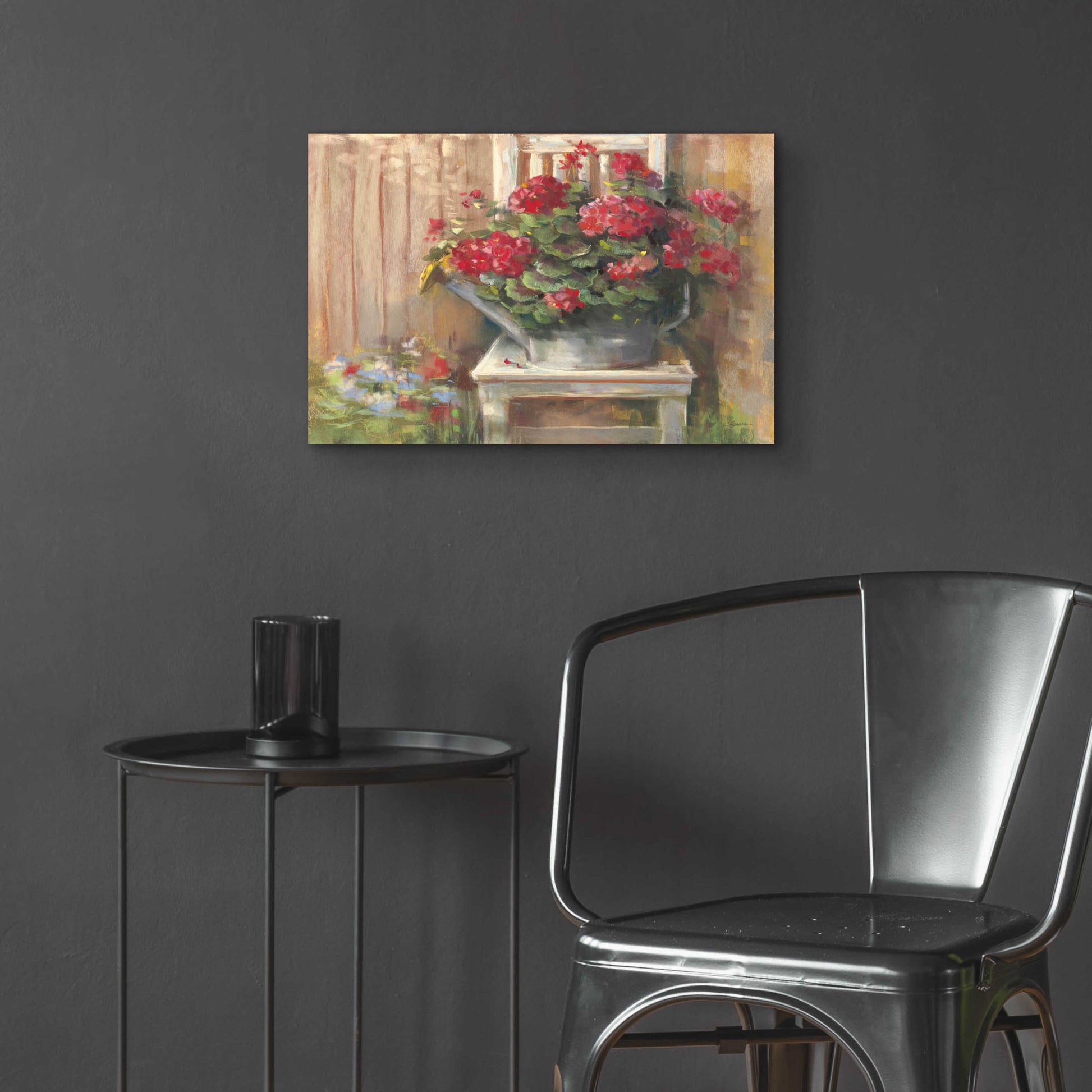 Epic Art 'Geraniums On Chair' by Carol Rowan, Acrylic Glass Wall Art,24x16