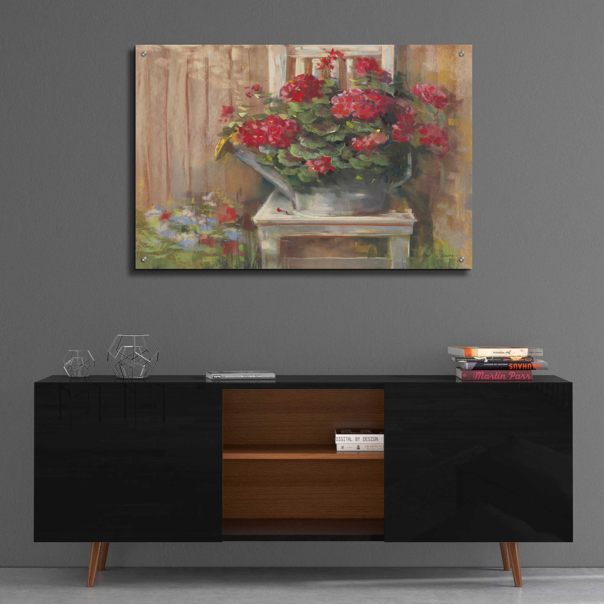 Epic Art 'Geraniums On Chair' by Carol Rowan, Acrylic Glass Wall Art,36x24