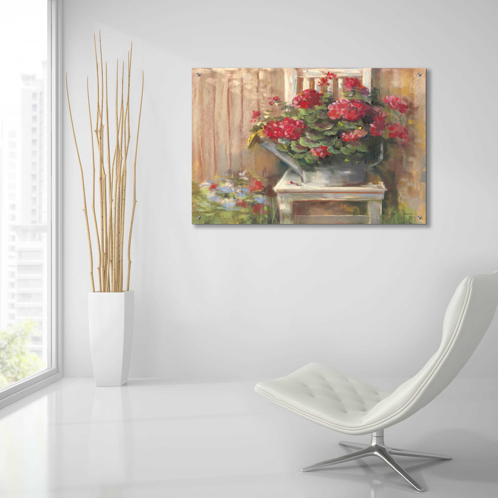 Epic Art 'Geraniums On Chair' by Carol Rowan, Acrylic Glass Wall Art,36x24