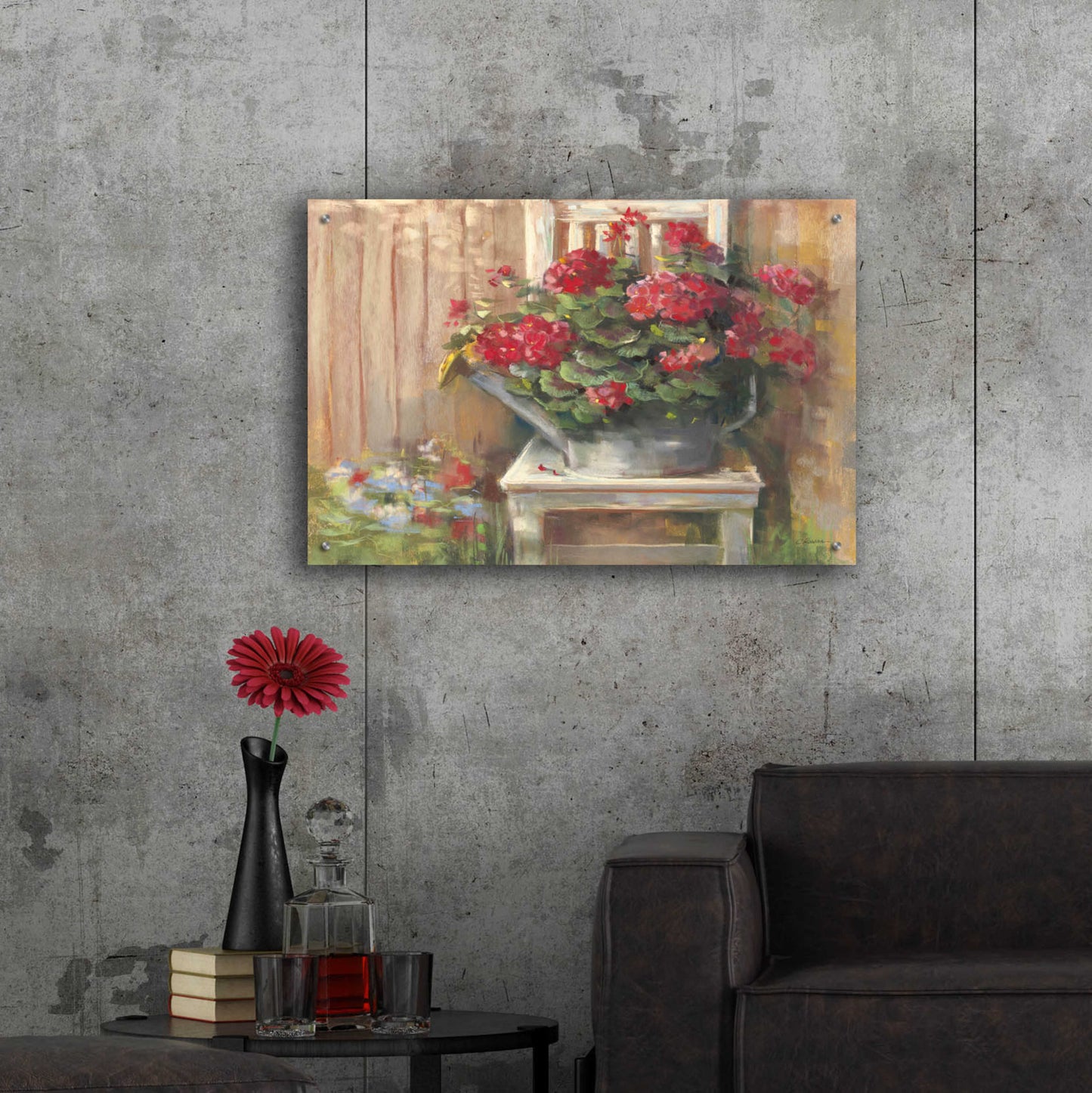 Epic Art 'Geraniums On Chair' by Carol Rowan, Acrylic Glass Wall Art,36x24