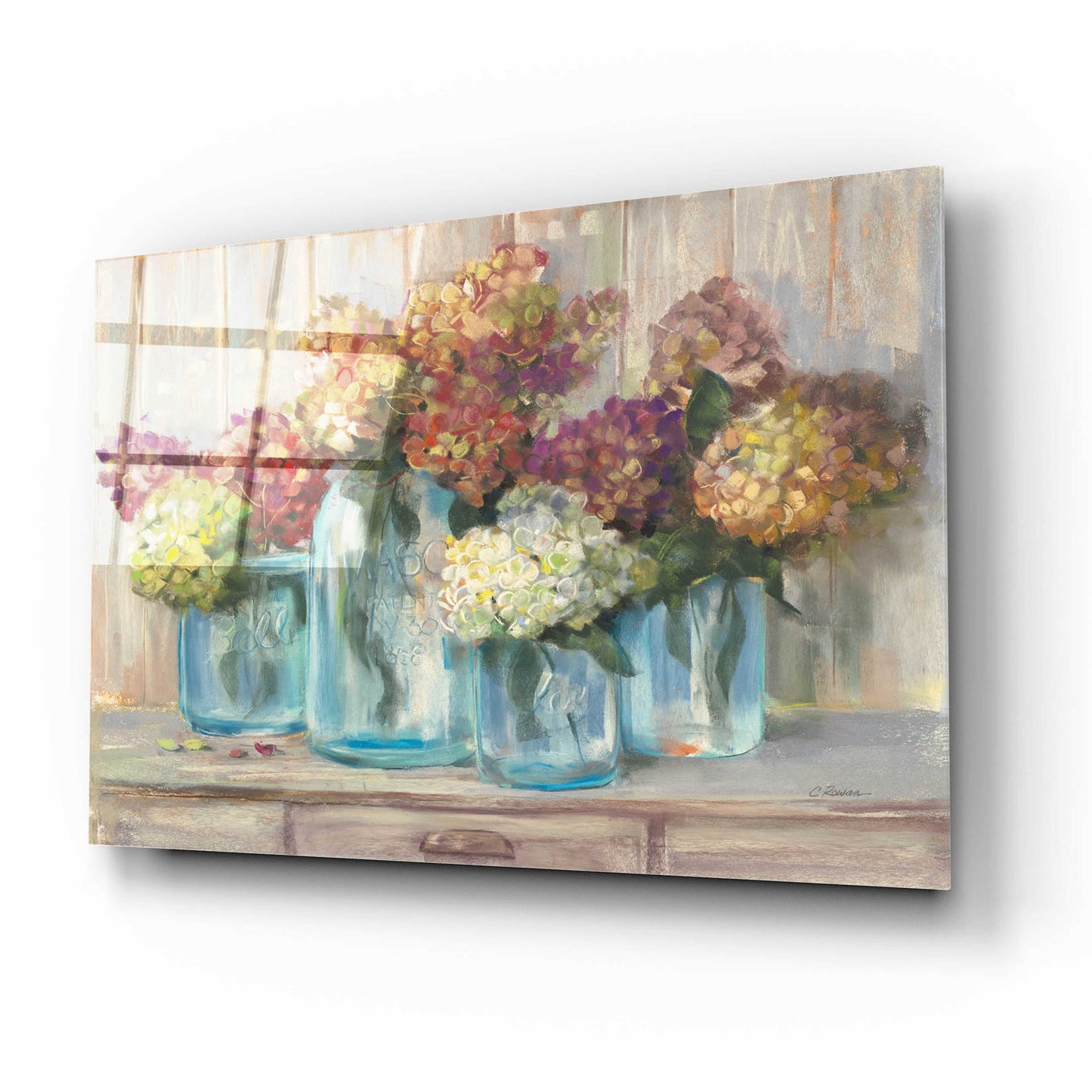 Epic Art 'Hydrangeas In Glass Jars' by Carol Rowan, Acrylic Glass Wall Art,16x12