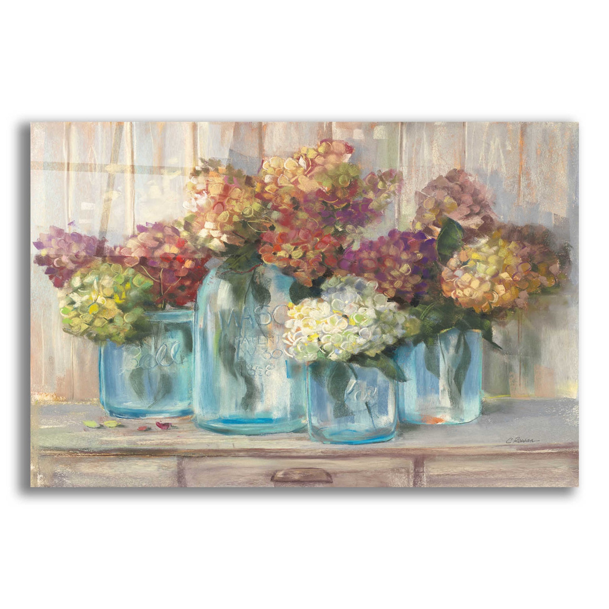 Epic Art 'Hydrangeas In Glass Jars' by Carol Rowan, Acrylic Glass Wall Art,24x16