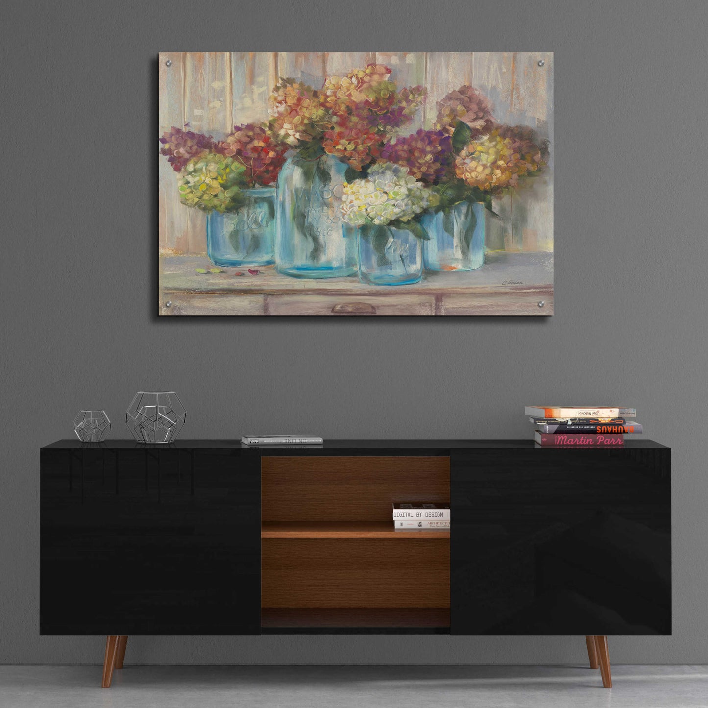 Epic Art 'Hydrangeas In Glass Jars' by Carol Rowan, Acrylic Glass Wall Art,36x24