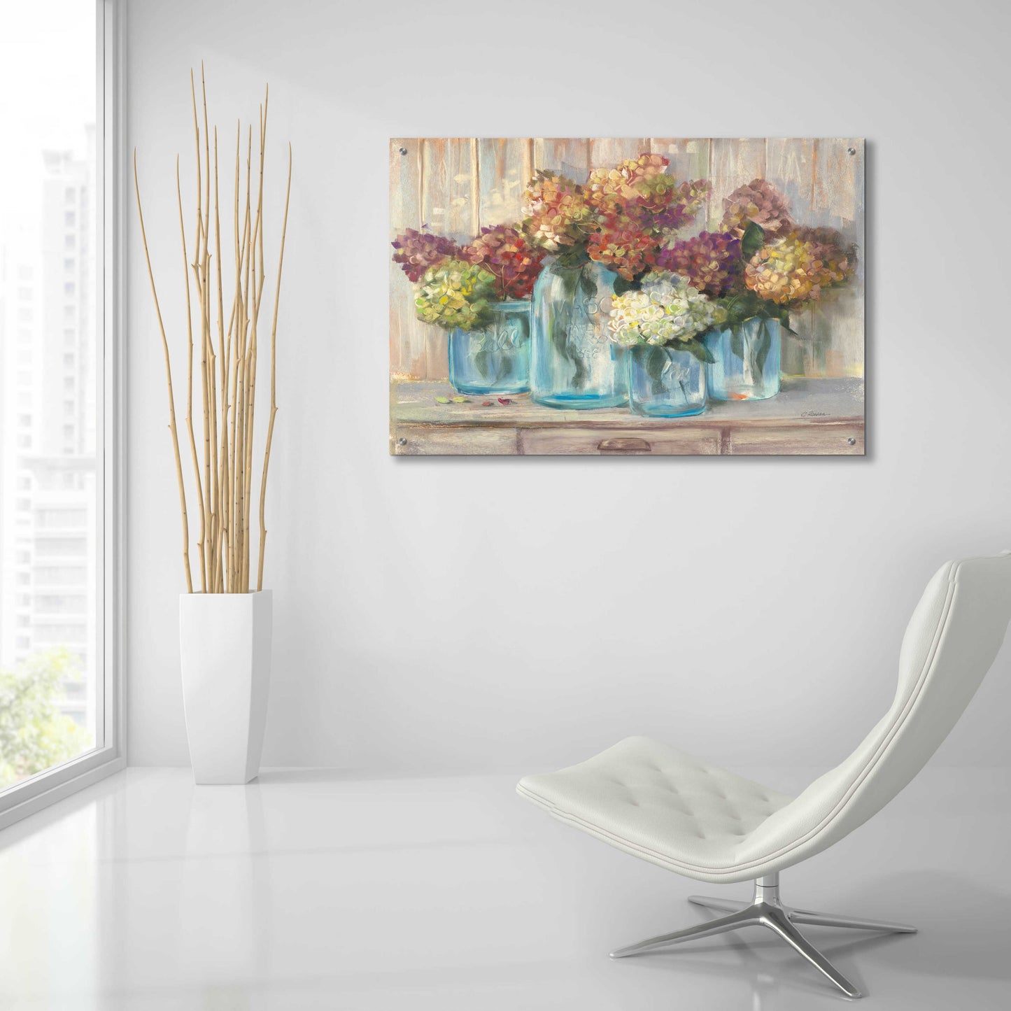 Epic Art 'Hydrangeas In Glass Jars' by Carol Rowan, Acrylic Glass Wall Art,36x24