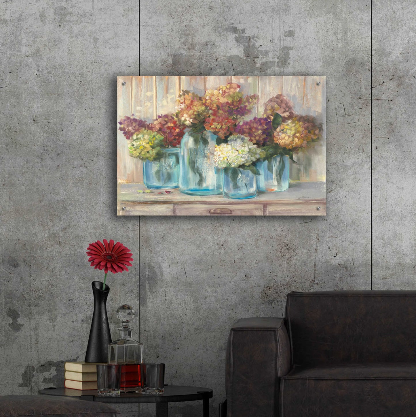 Epic Art 'Hydrangeas In Glass Jars' by Carol Rowan, Acrylic Glass Wall Art,36x24