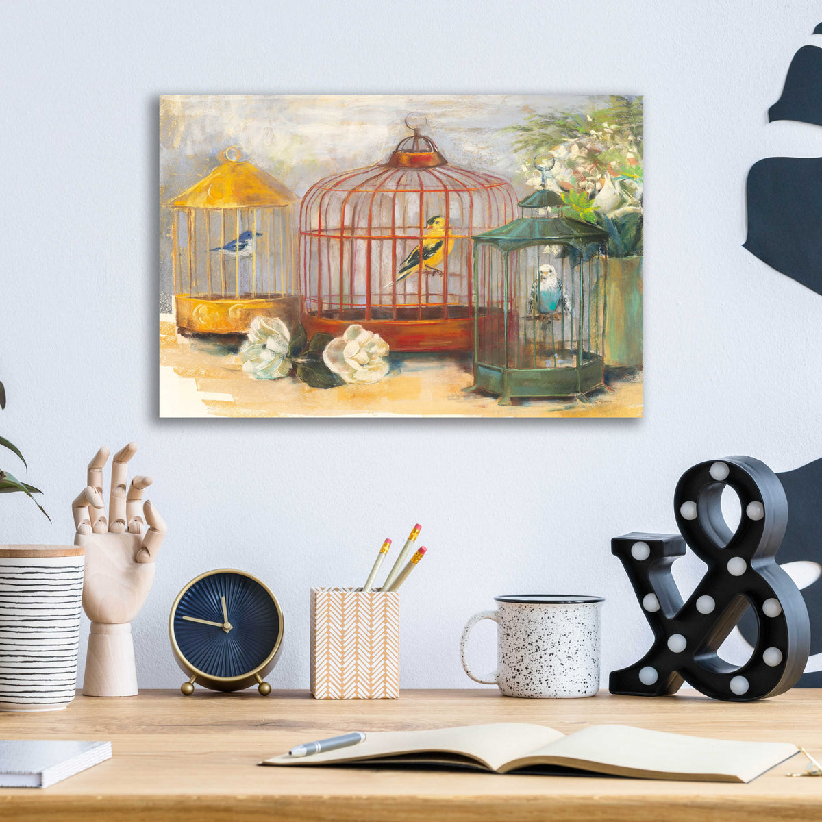 Birdcage Trio by Carol Rowan - 16x12 acrylic wall art in a room