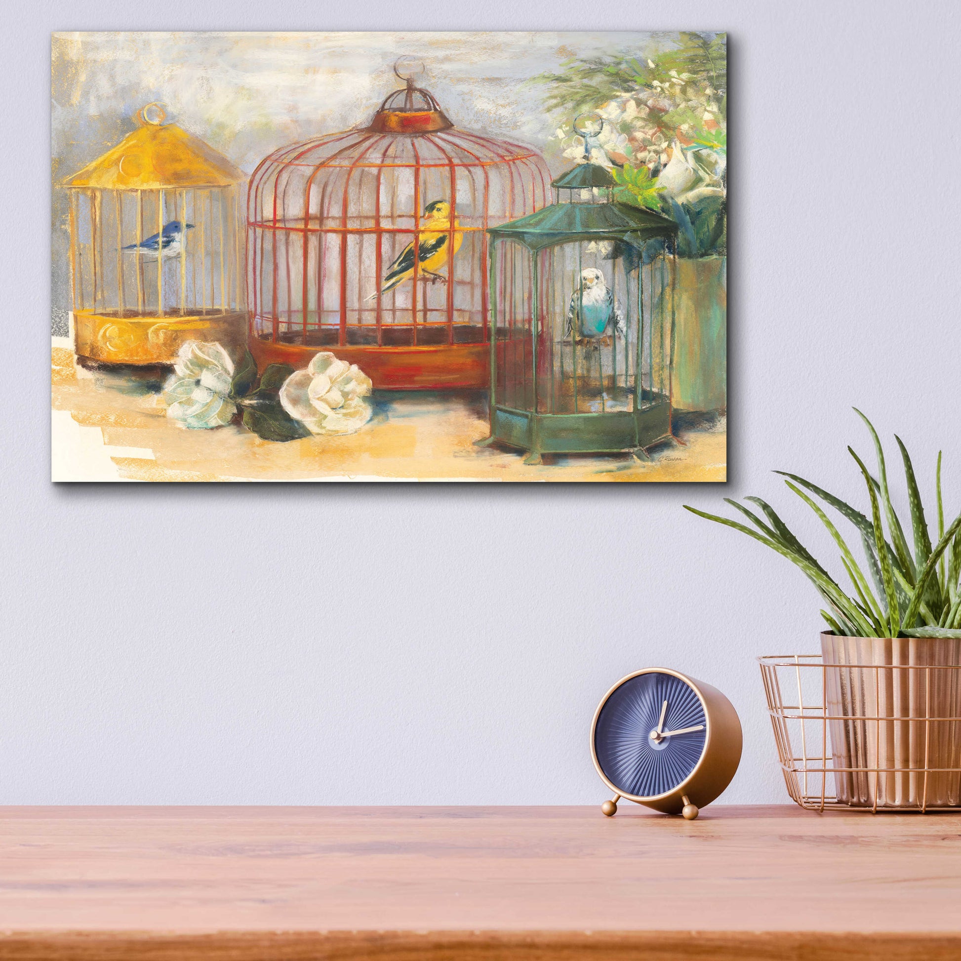 Epic Art 'Birdcage Trio' by Carol Rowan, Acrylic Glass Wall Art,16x12