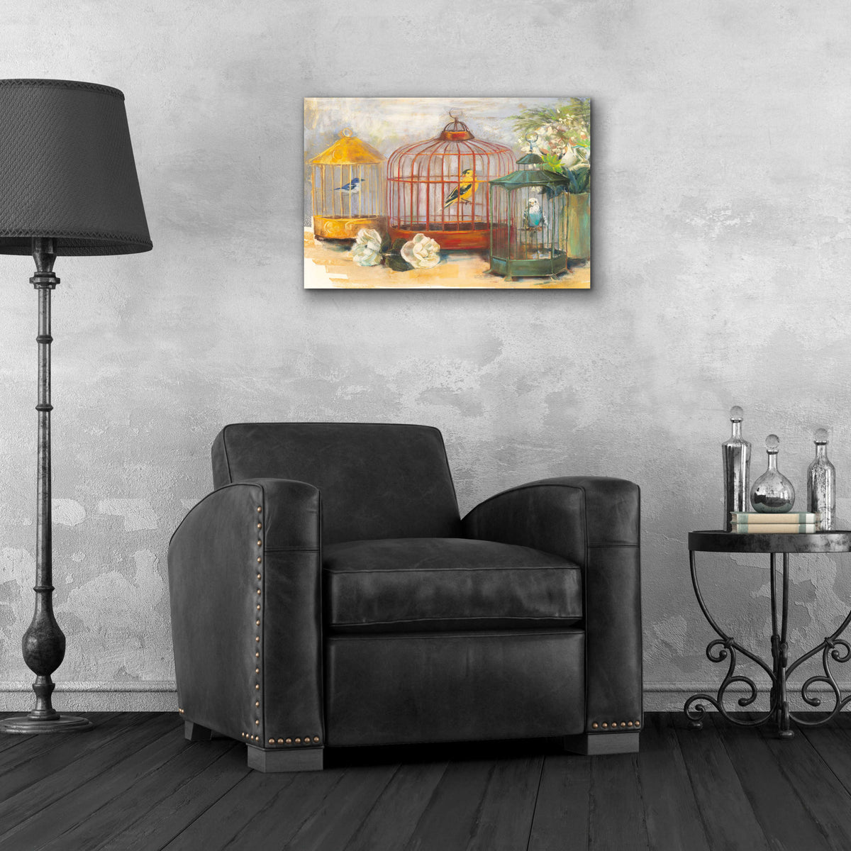 Birdcage Trio by Carol Rowan - 24x16 acrylic wall art in a room