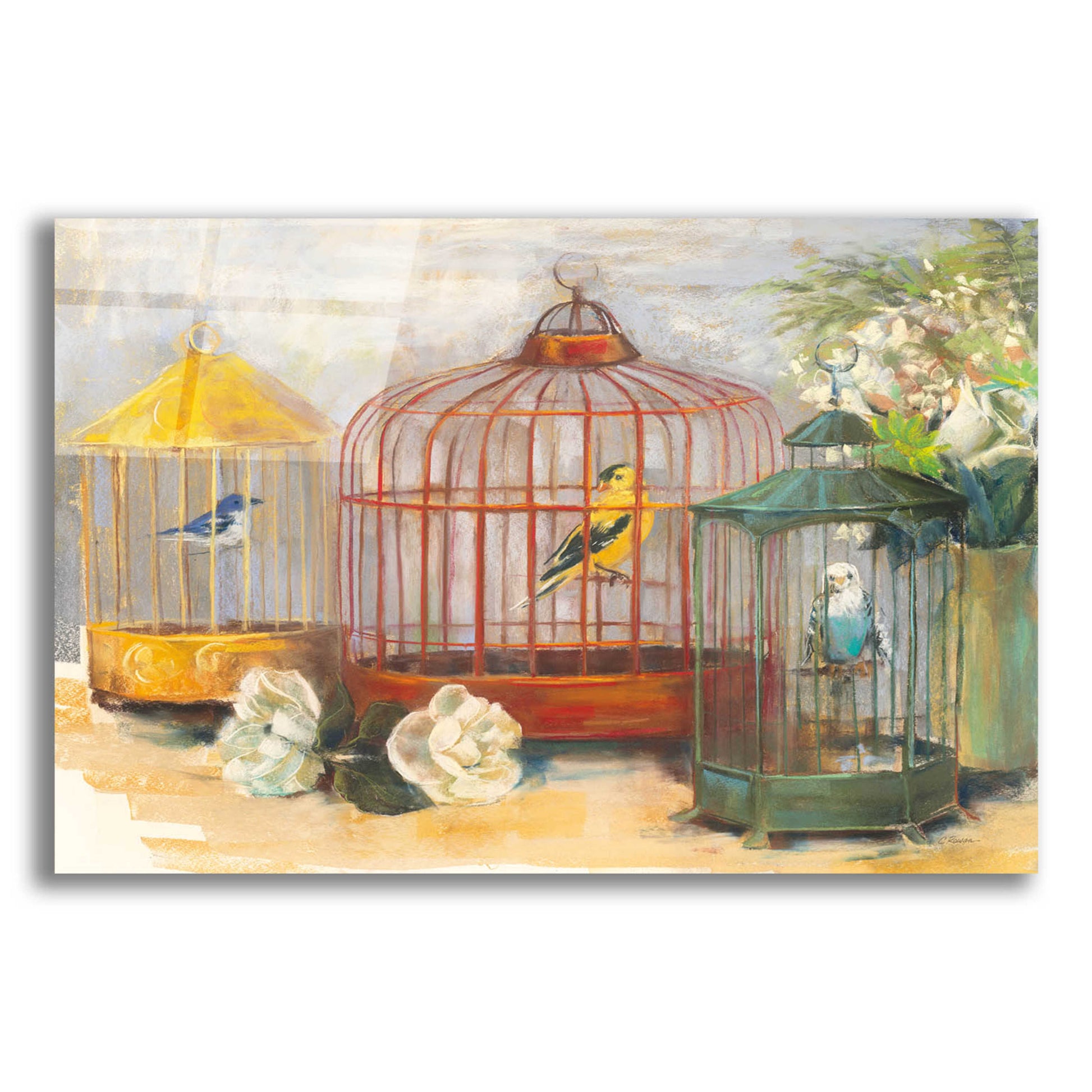 Epic Art 'Birdcage Trio' by Carol Rowan, Acrylic Glass Wall Art,24x16