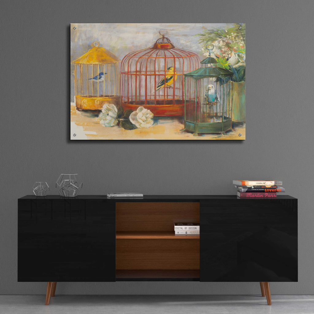 Birdcage Trio by Carol Rowan - 36x24 acrylic wall art in a room