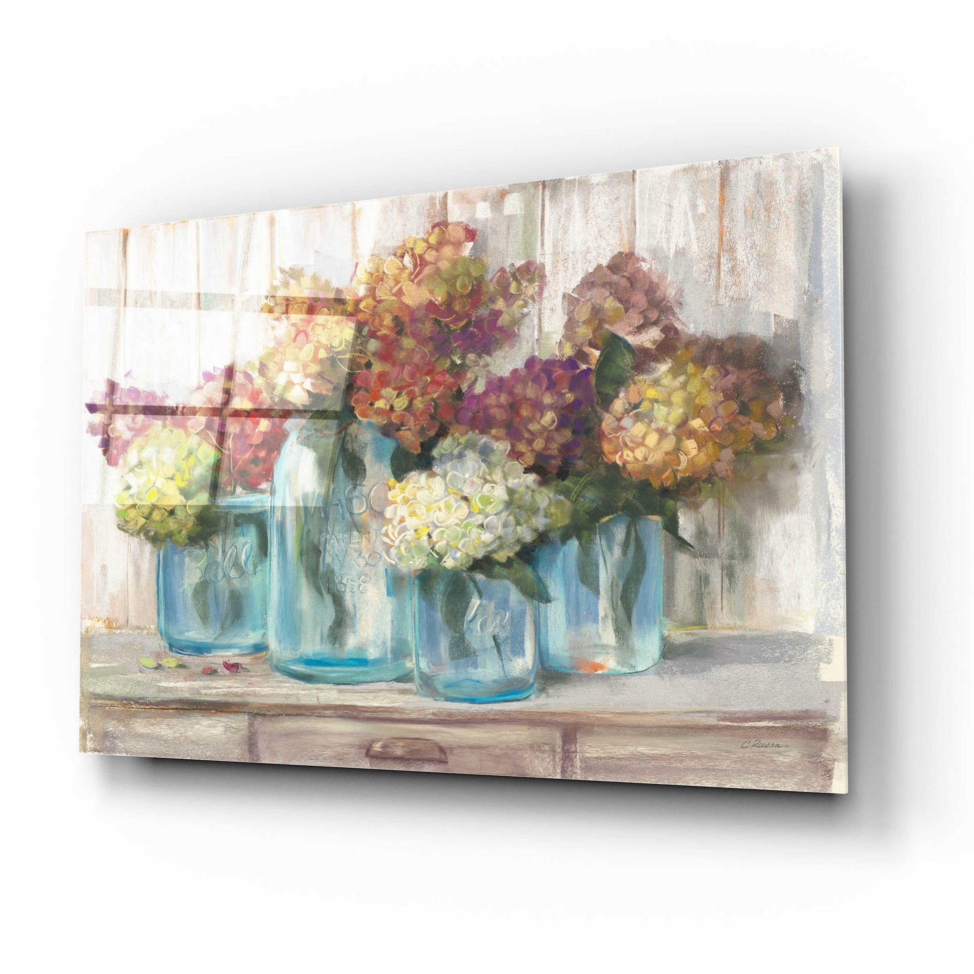 Epic Art 'Hydrangeas In Glass Jars White Wood' by Carol Rowan, Acrylic Glass Wall Art,16x12