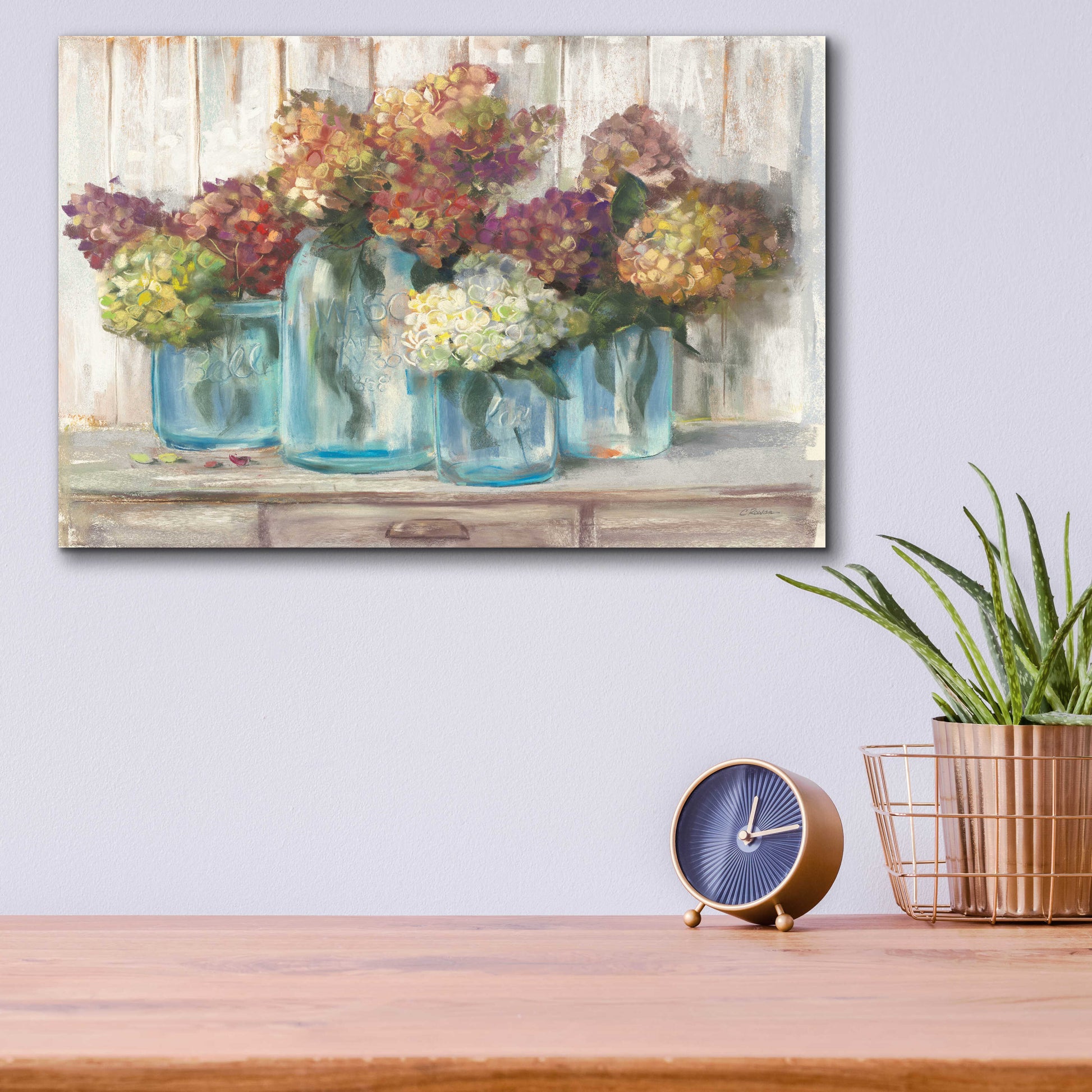 Epic Art 'Hydrangeas In Glass Jars White Wood' by Carol Rowan, Acrylic Glass Wall Art,16x12