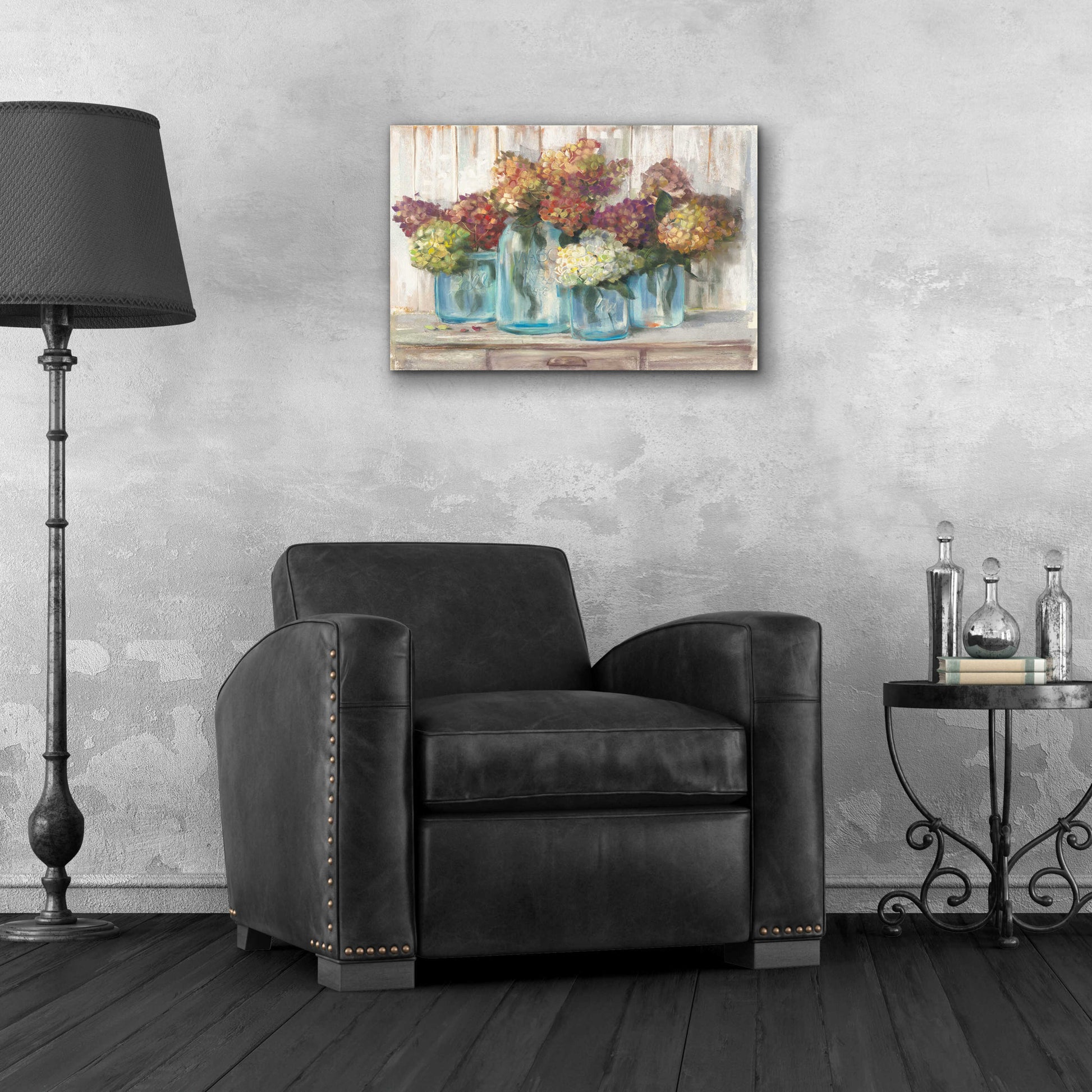 Epic Art 'Hydrangeas In Glass Jars White Wood' by Carol Rowan, Acrylic Glass Wall Art,24x16