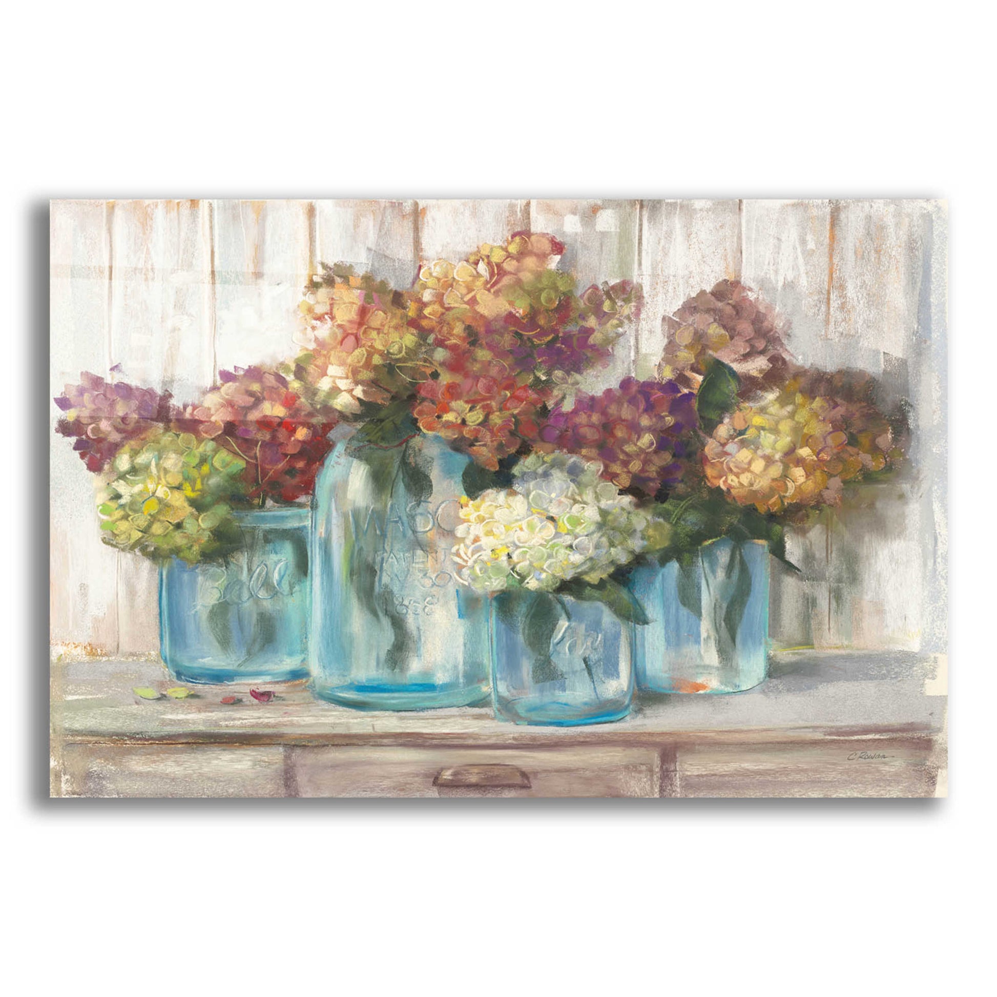 Epic Art 'Hydrangeas In Glass Jars White Wood' by Carol Rowan, Acrylic Glass Wall Art,24x16