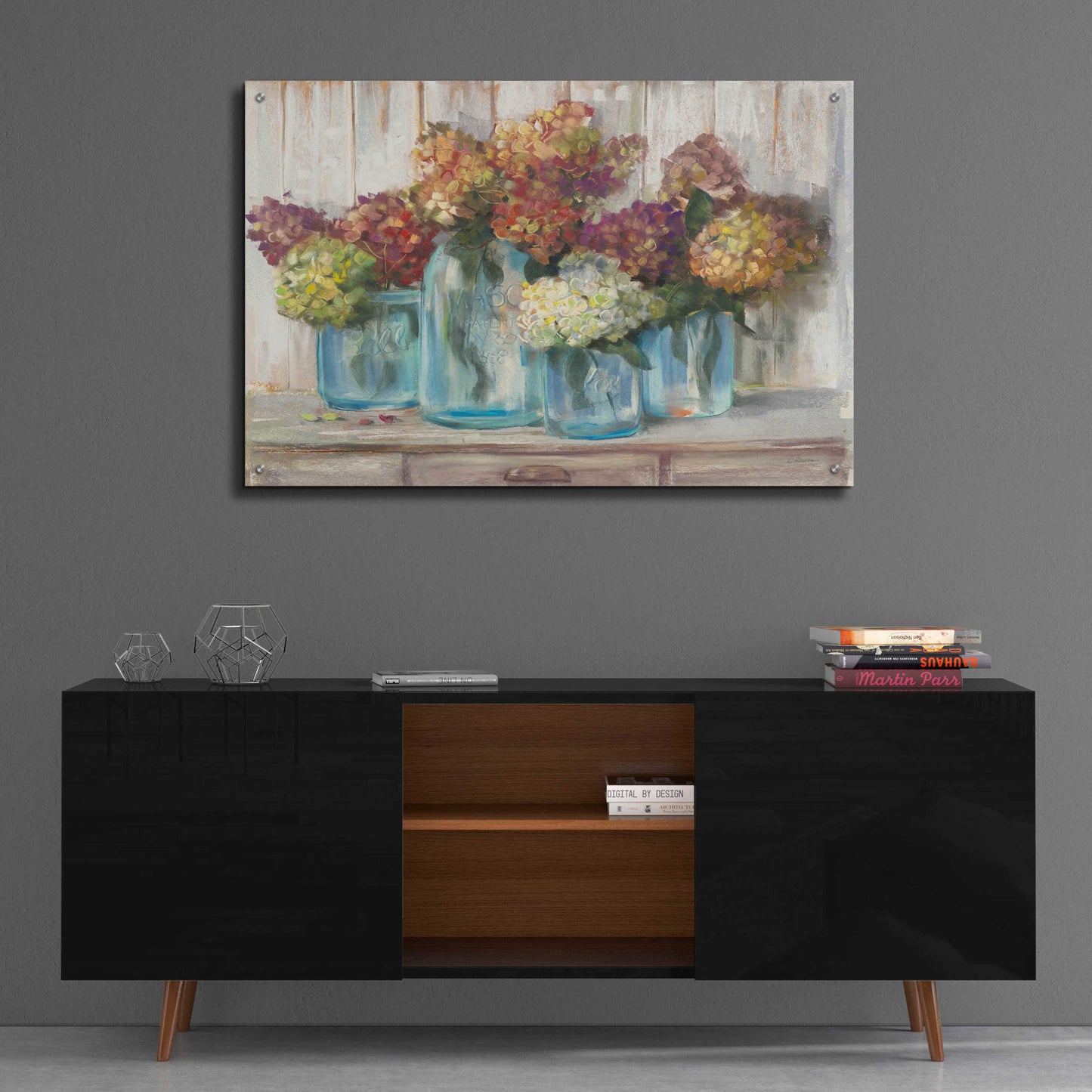 Epic Art 'Hydrangeas In Glass Jars White Wood' by Carol Rowan, Acrylic Glass Wall Art,36x24