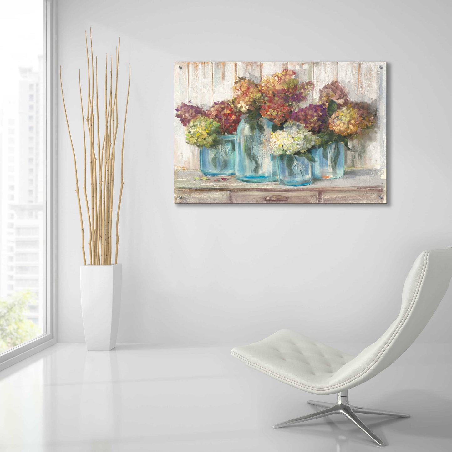 Epic Art 'Hydrangeas In Glass Jars White Wood' by Carol Rowan, Acrylic Glass Wall Art,36x24