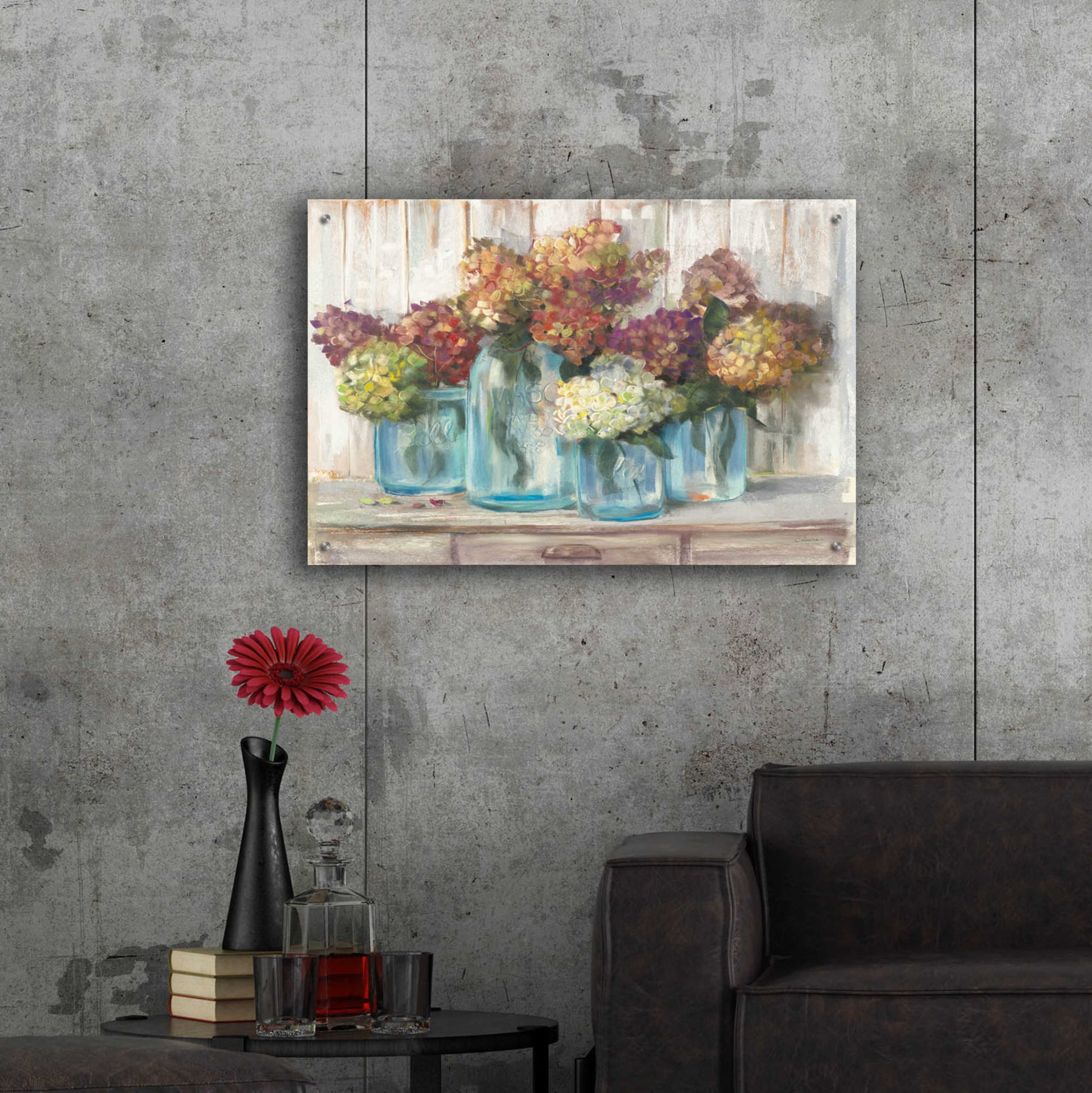 Epic Art 'Hydrangeas In Glass Jars White Wood' by Carol Rowan, Acrylic Glass Wall Art,36x24