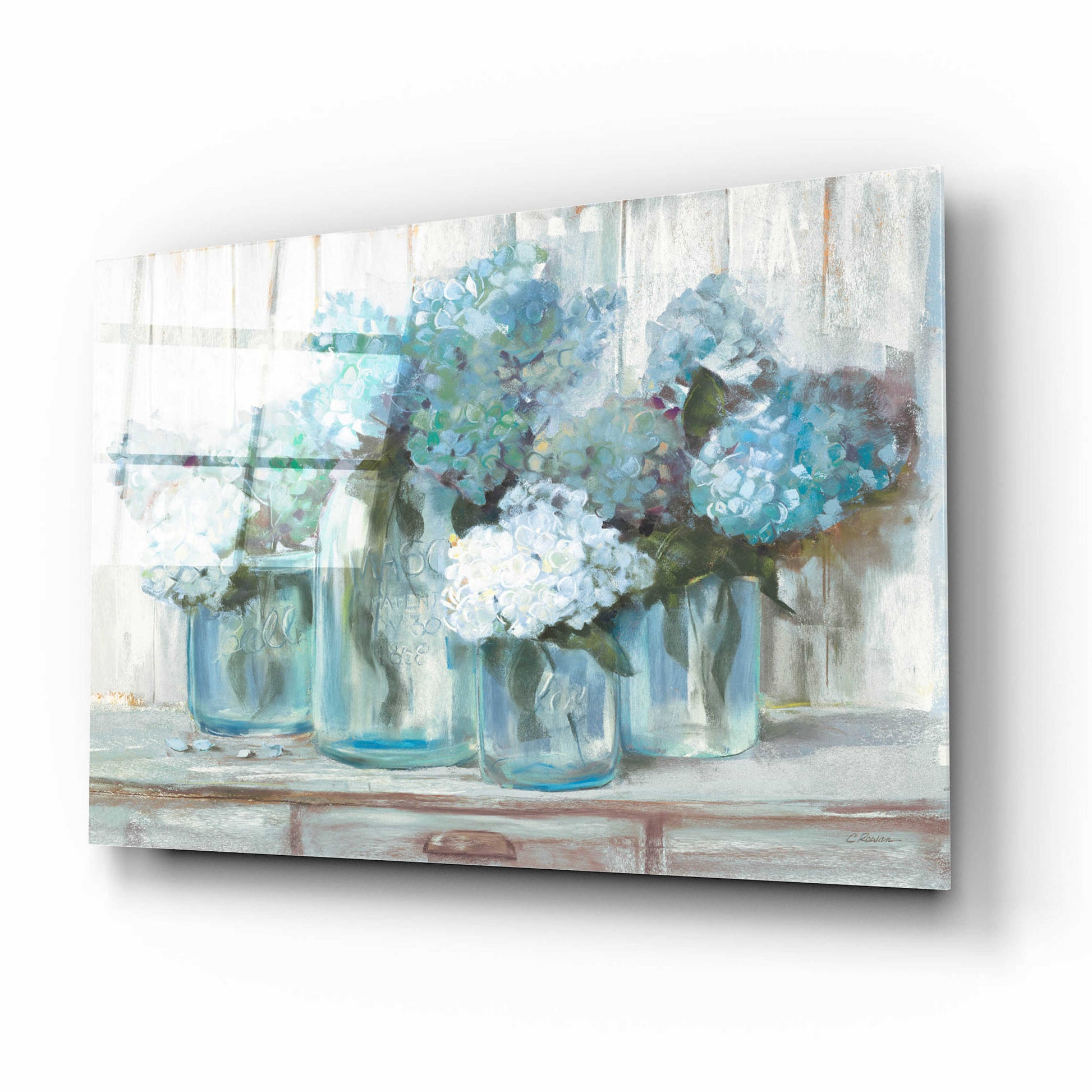 Epic Art 'Hydrangeas In Glass Jars Blue' by Carol Rowan, Acrylic Glass Wall Art,16x12