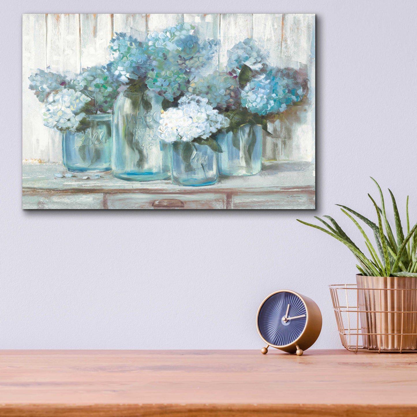 Epic Art 'Hydrangeas In Glass Jars Blue' by Carol Rowan, Acrylic Glass Wall Art,16x12