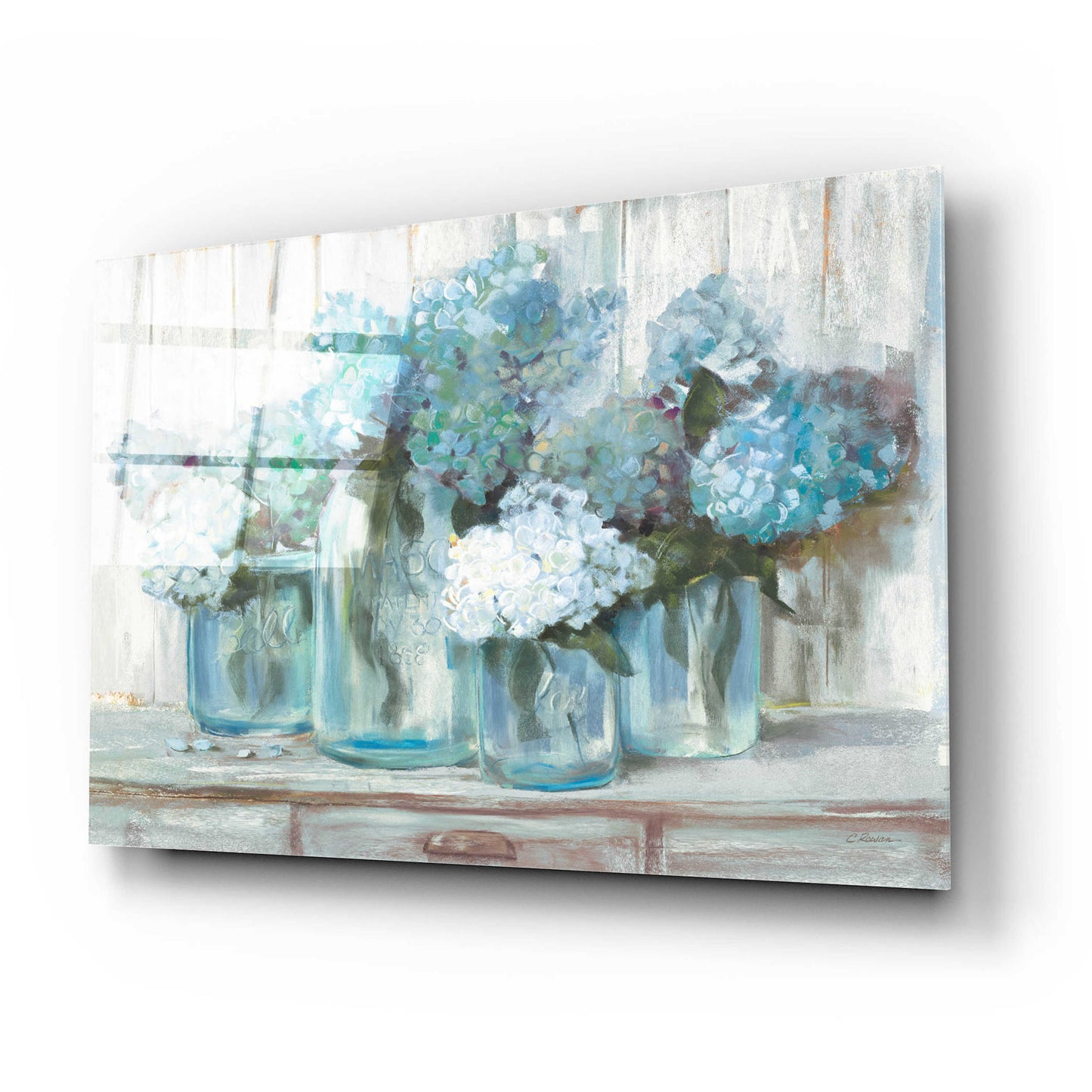 Epic Art 'Hydrangeas In Glass Jars Blue' by Carol Rowan, Acrylic Glass Wall Art,24x16