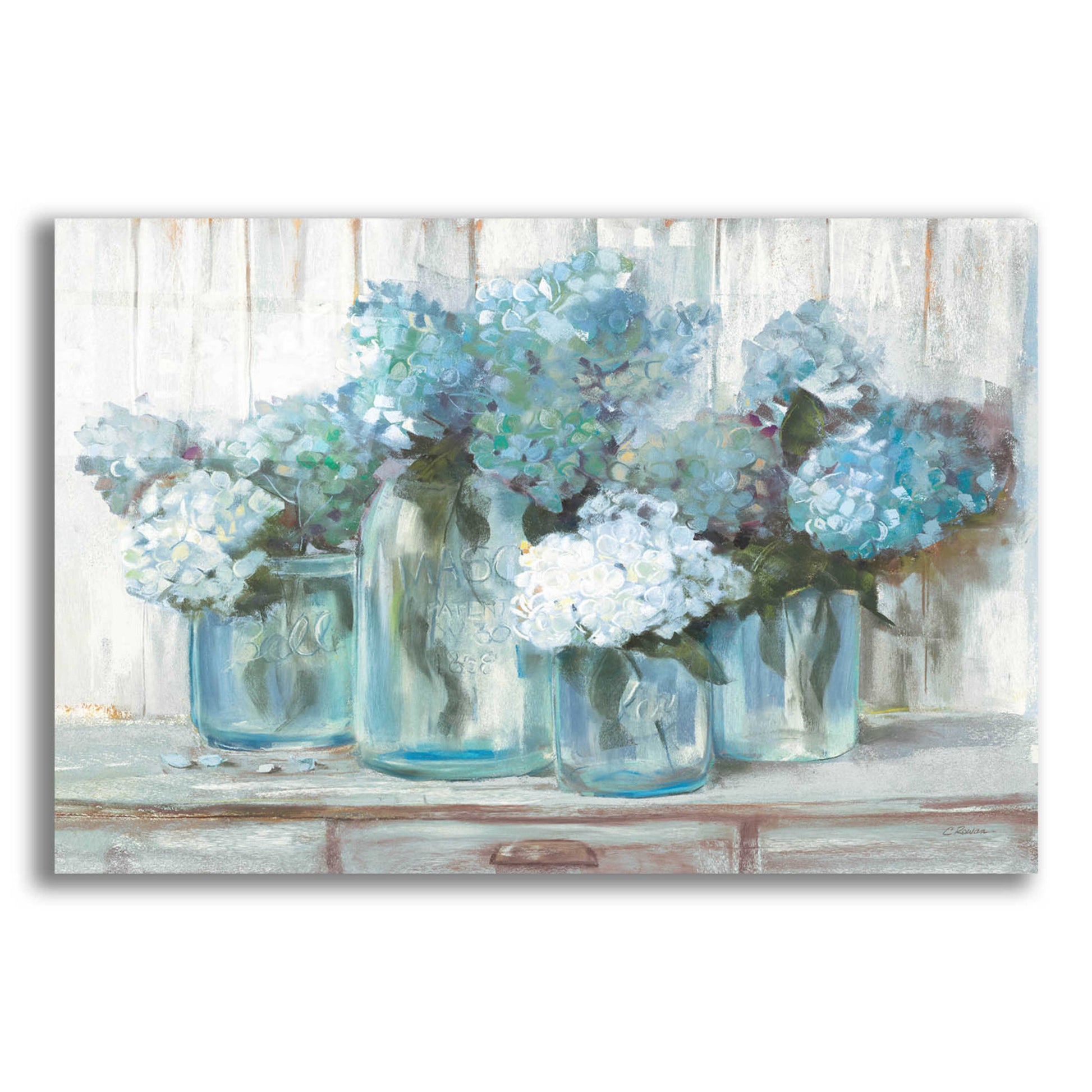 Epic Art 'Hydrangeas In Glass Jars Blue' by Carol Rowan, Acrylic Glass Wall Art,24x16