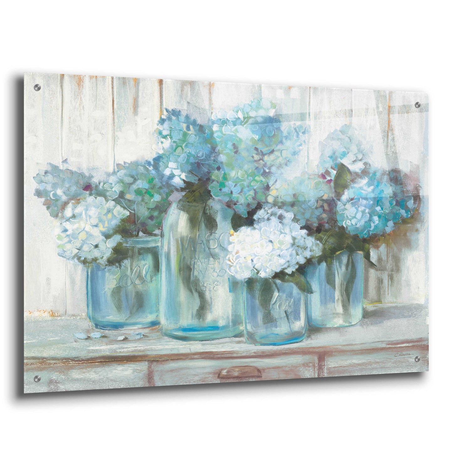 Epic Art 'Hydrangeas In Glass Jars Blue' by Carol Rowan, Acrylic Glass Wall Art,36x24