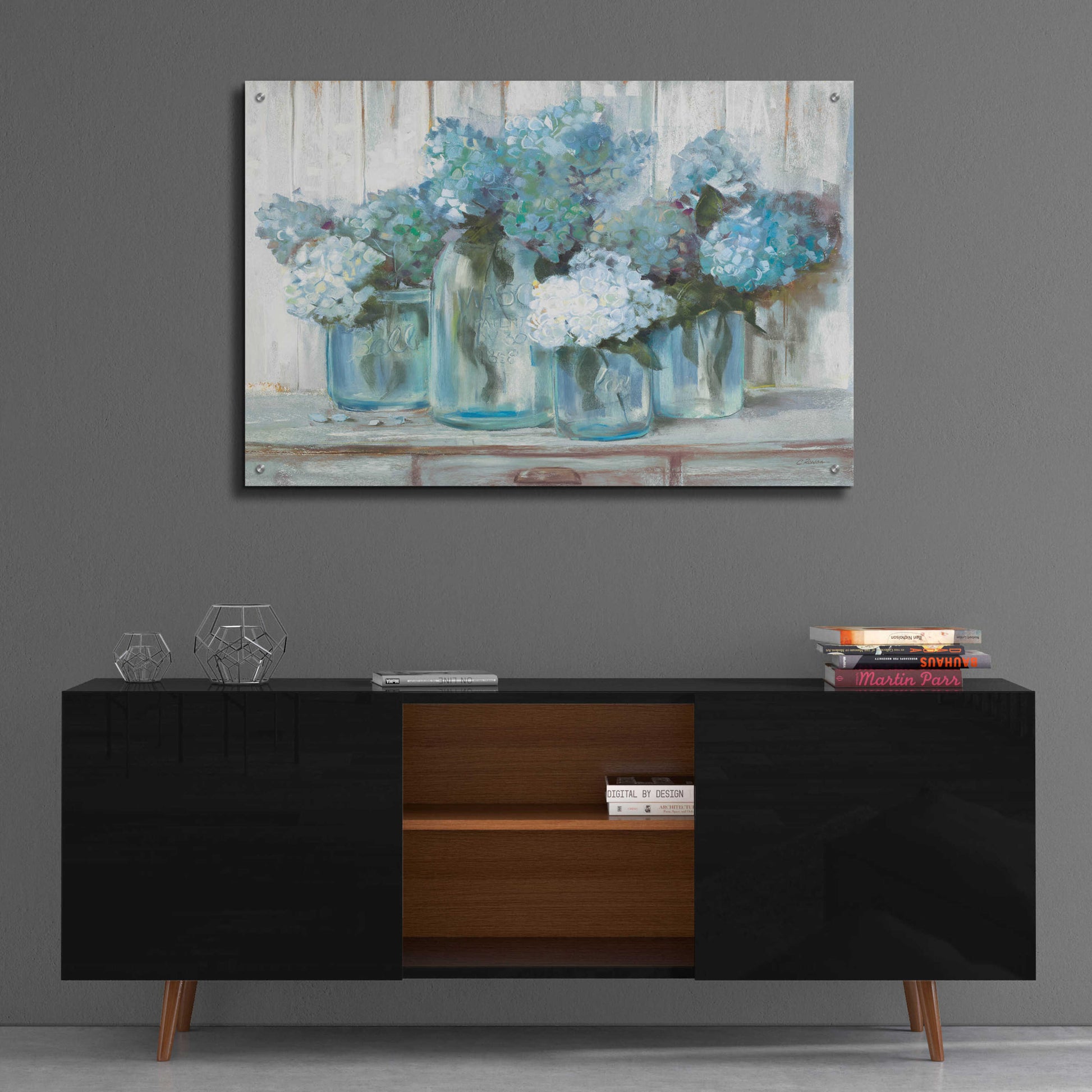 Epic Art 'Hydrangeas In Glass Jars Blue' by Carol Rowan, Acrylic Glass Wall Art,36x24