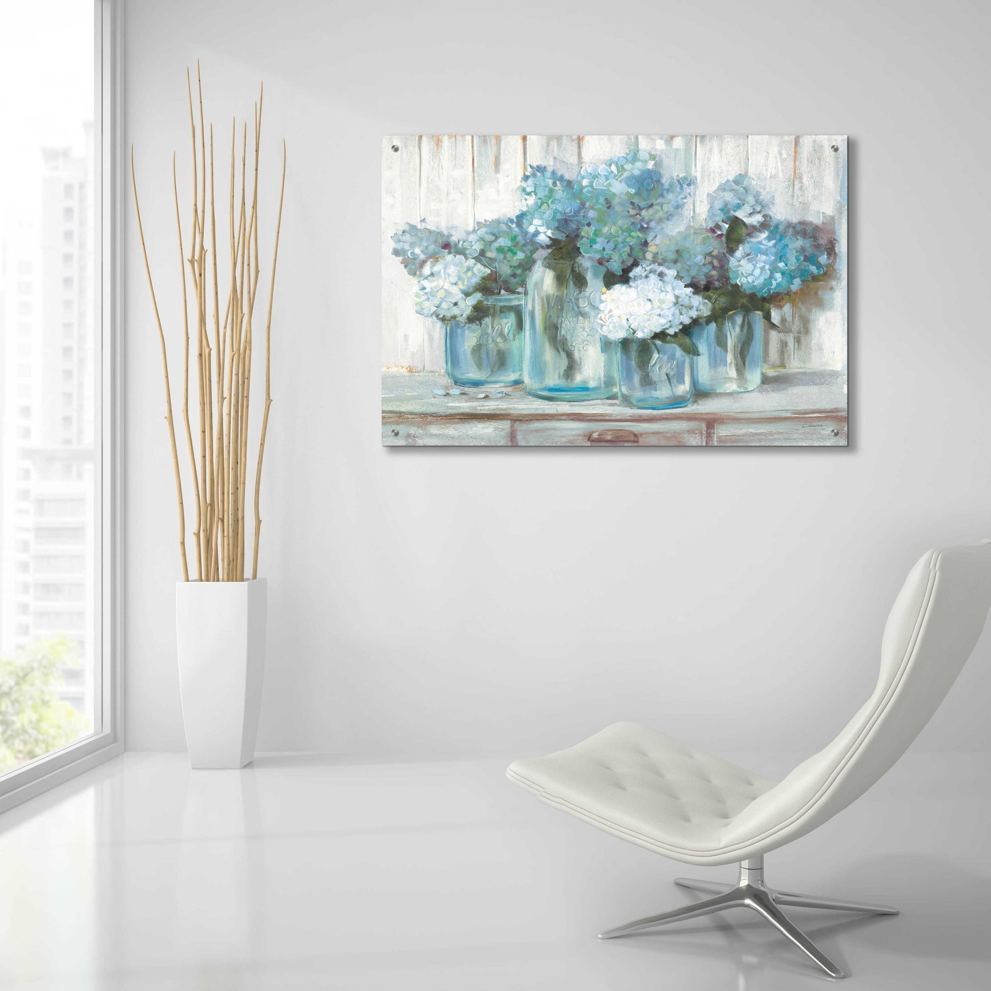 Epic Art 'Hydrangeas In Glass Jars Blue' by Carol Rowan, Acrylic Glass Wall Art,36x24