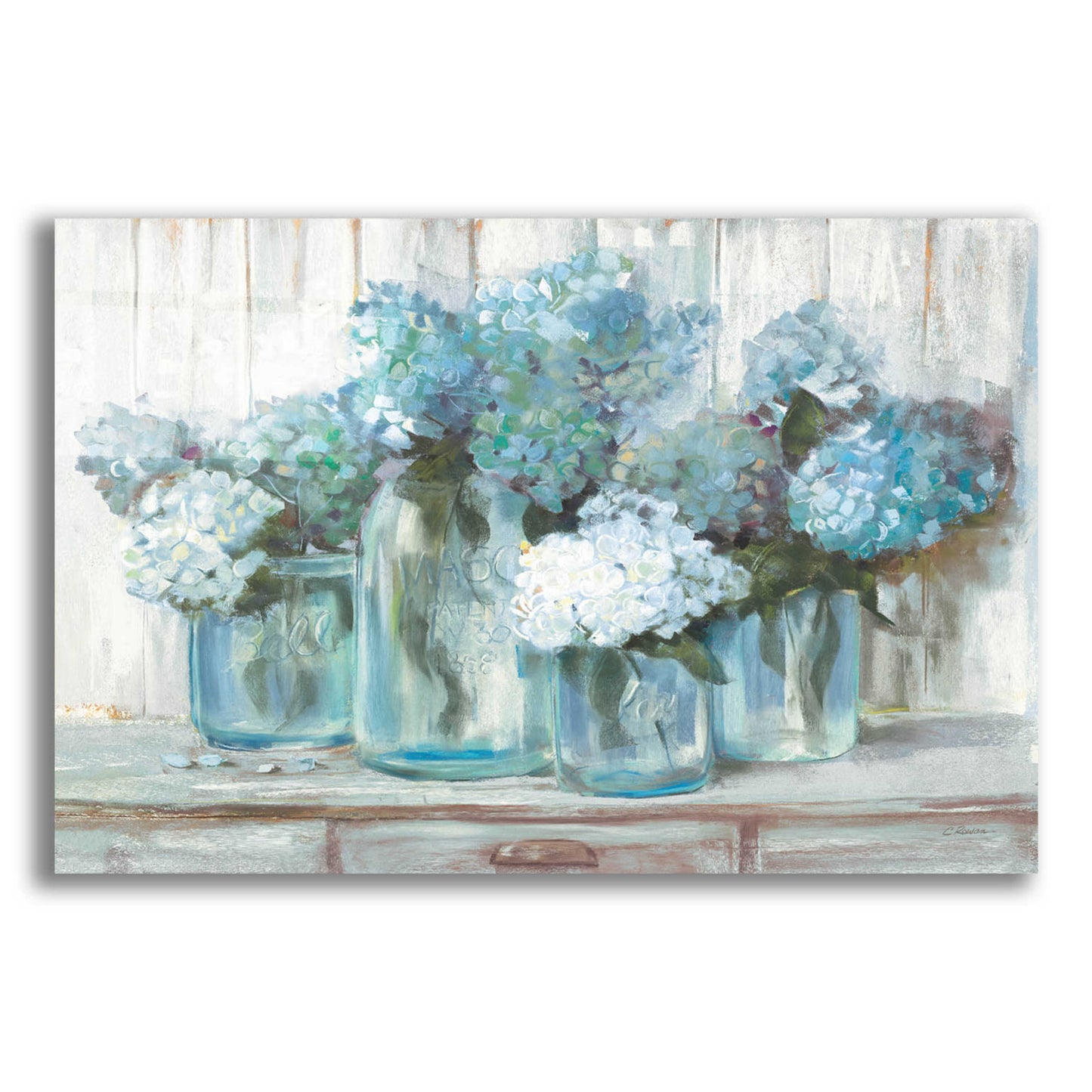 Epic Art 'Hydrangeas In Glass Jars Blue' by Carol Rowan, Acrylic Glass Wall Art