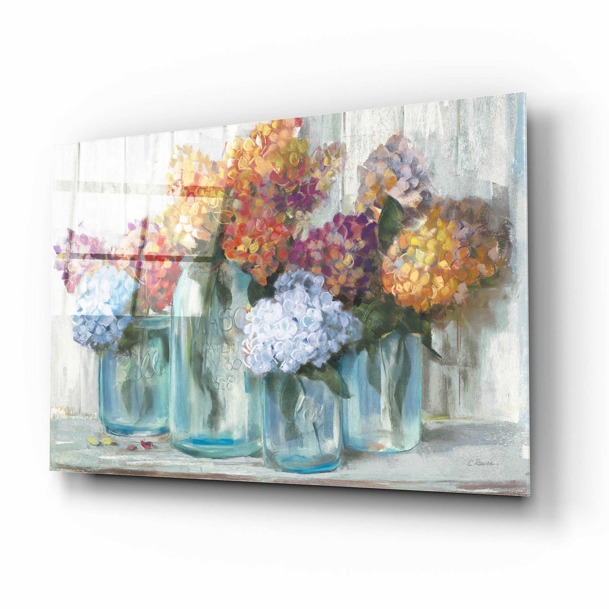 Epic Art 'Fall Hydrangeas In Glass Jar Crop' by Carol Rowan, Acrylic Glass Wall Art,16x12