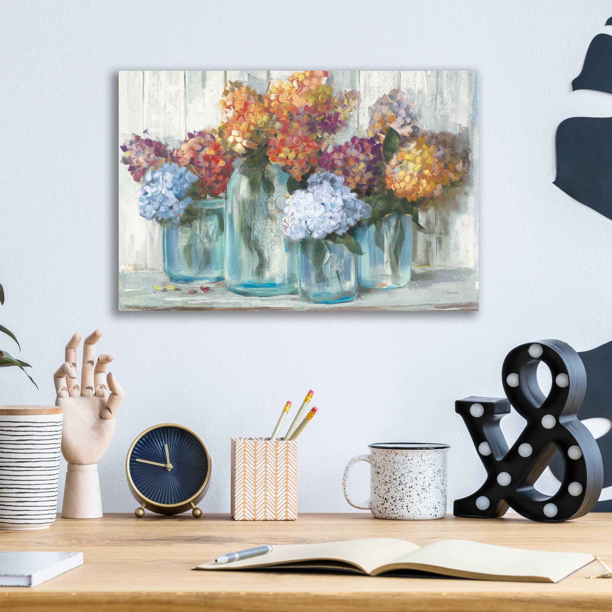 Epic Art 'Fall Hydrangeas In Glass Jar Crop' by Carol Rowan, Acrylic Glass Wall Art,16x12