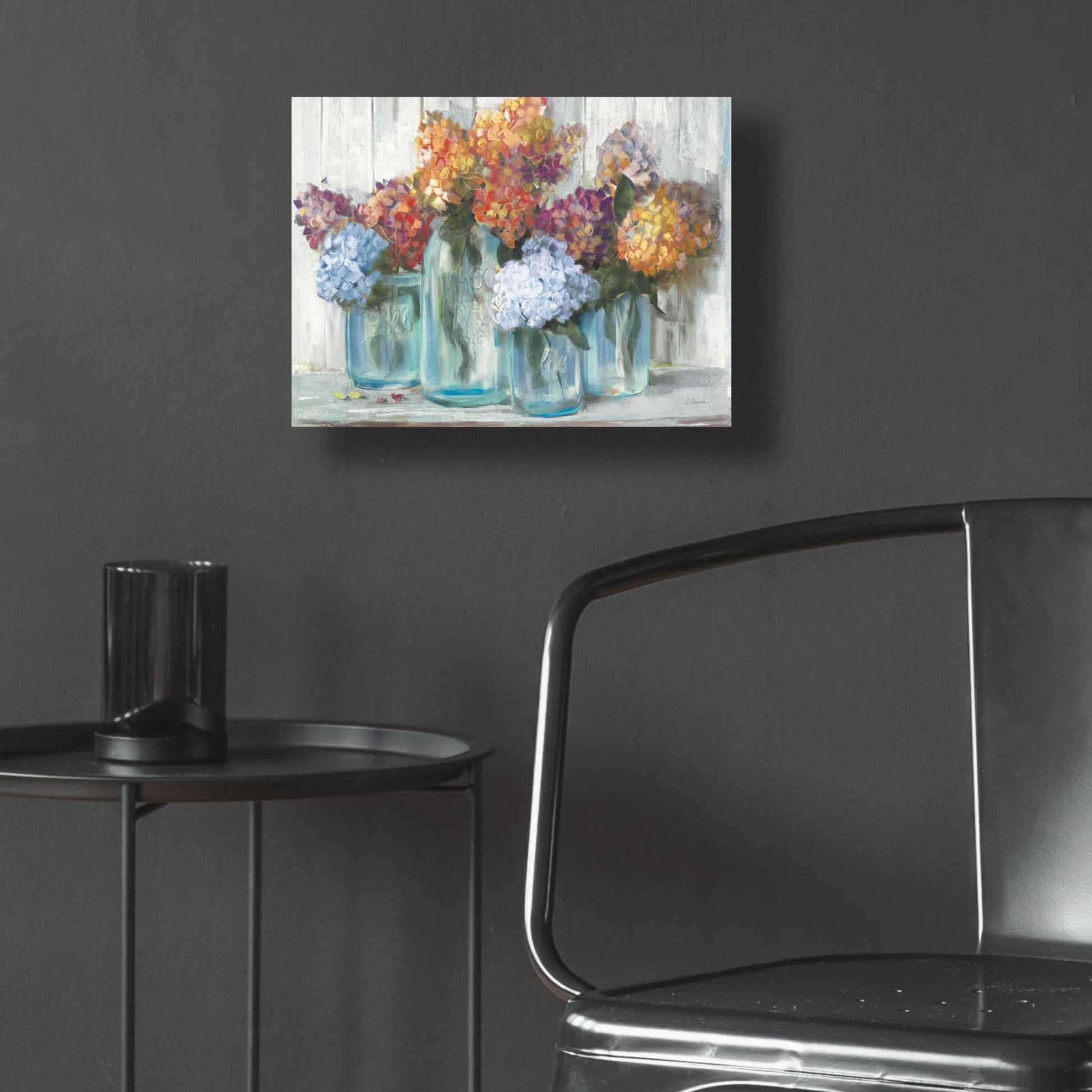 Epic Art 'Fall Hydrangeas In Glass Jar Crop' by Carol Rowan, Acrylic Glass Wall Art,16x12