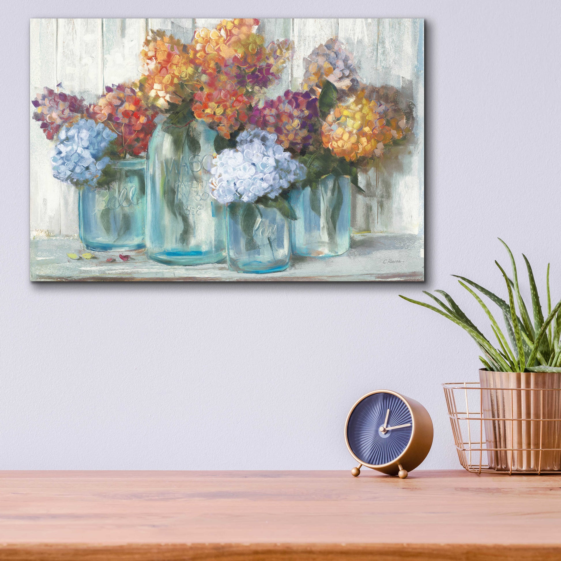 Epic Art 'Fall Hydrangeas In Glass Jar Crop' by Carol Rowan, Acrylic Glass Wall Art,16x12