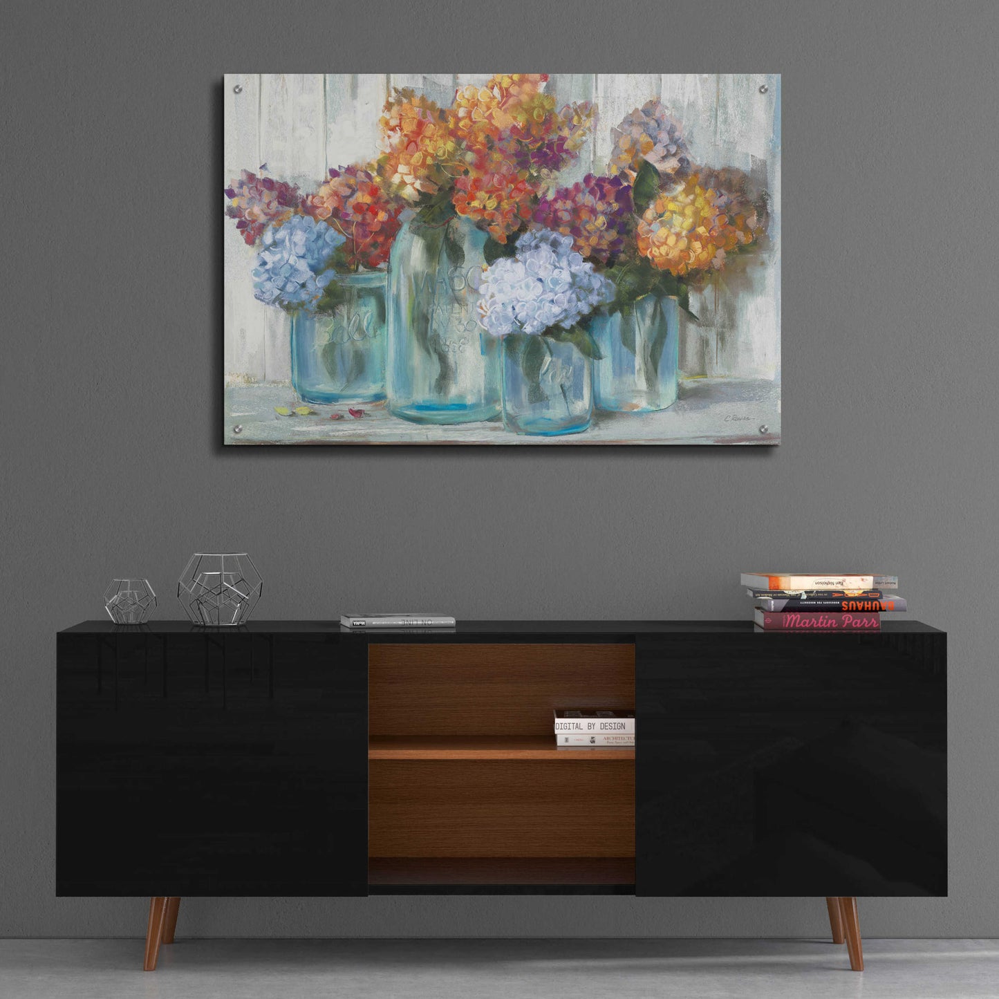 Epic Art 'Fall Hydrangeas In Glass Jar Crop' by Carol Rowan, Acrylic Glass Wall Art,36x24