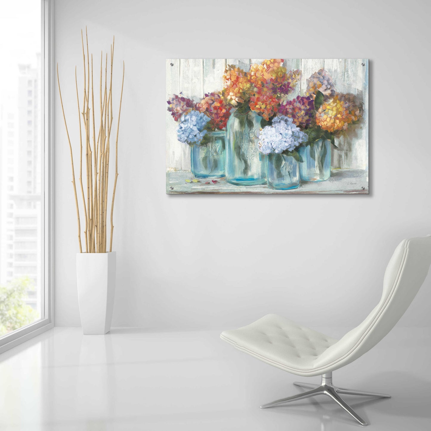 Epic Art 'Fall Hydrangeas In Glass Jar Crop' by Carol Rowan, Acrylic Glass Wall Art,36x24