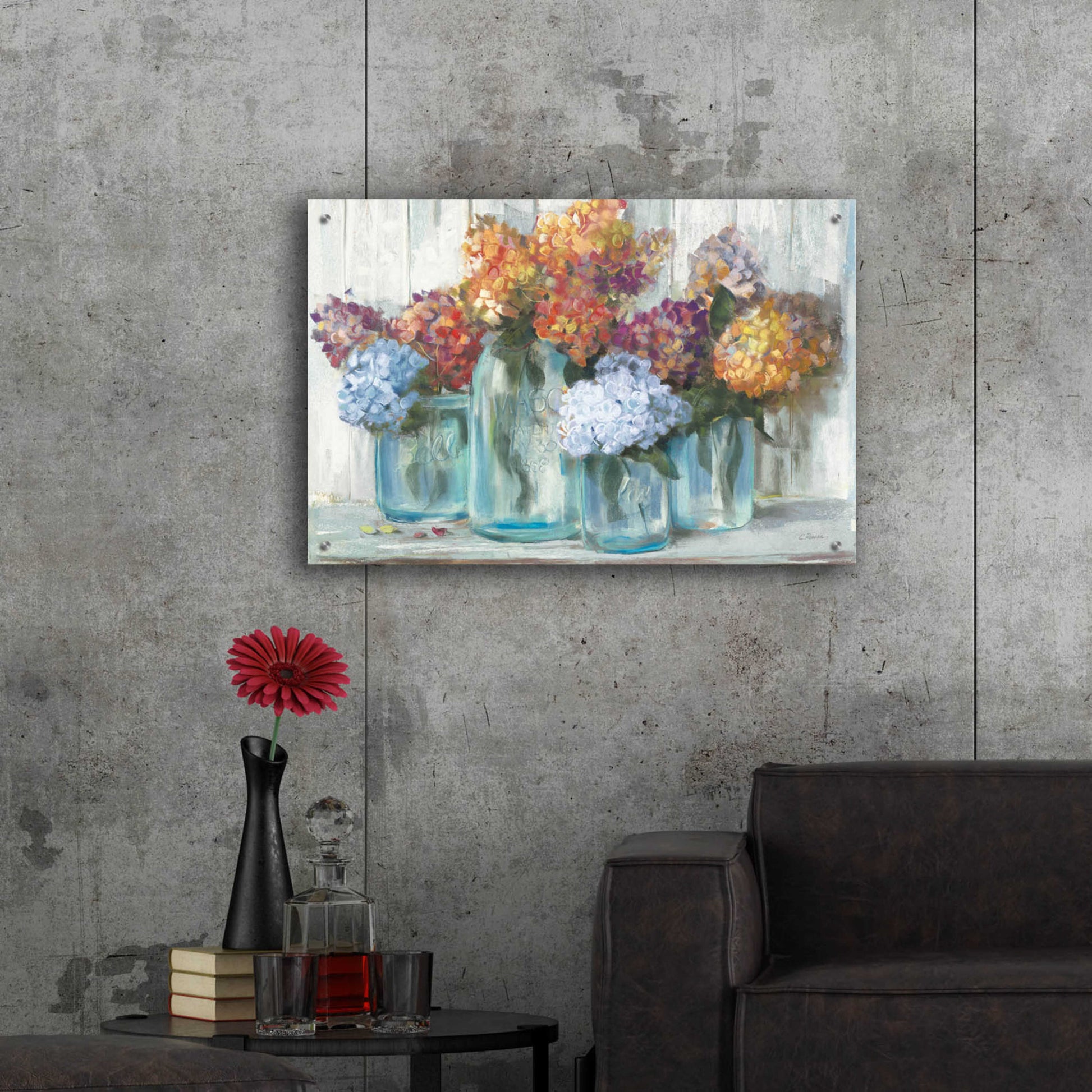 Epic Art 'Fall Hydrangeas In Glass Jar Crop' by Carol Rowan, Acrylic Glass Wall Art,36x24