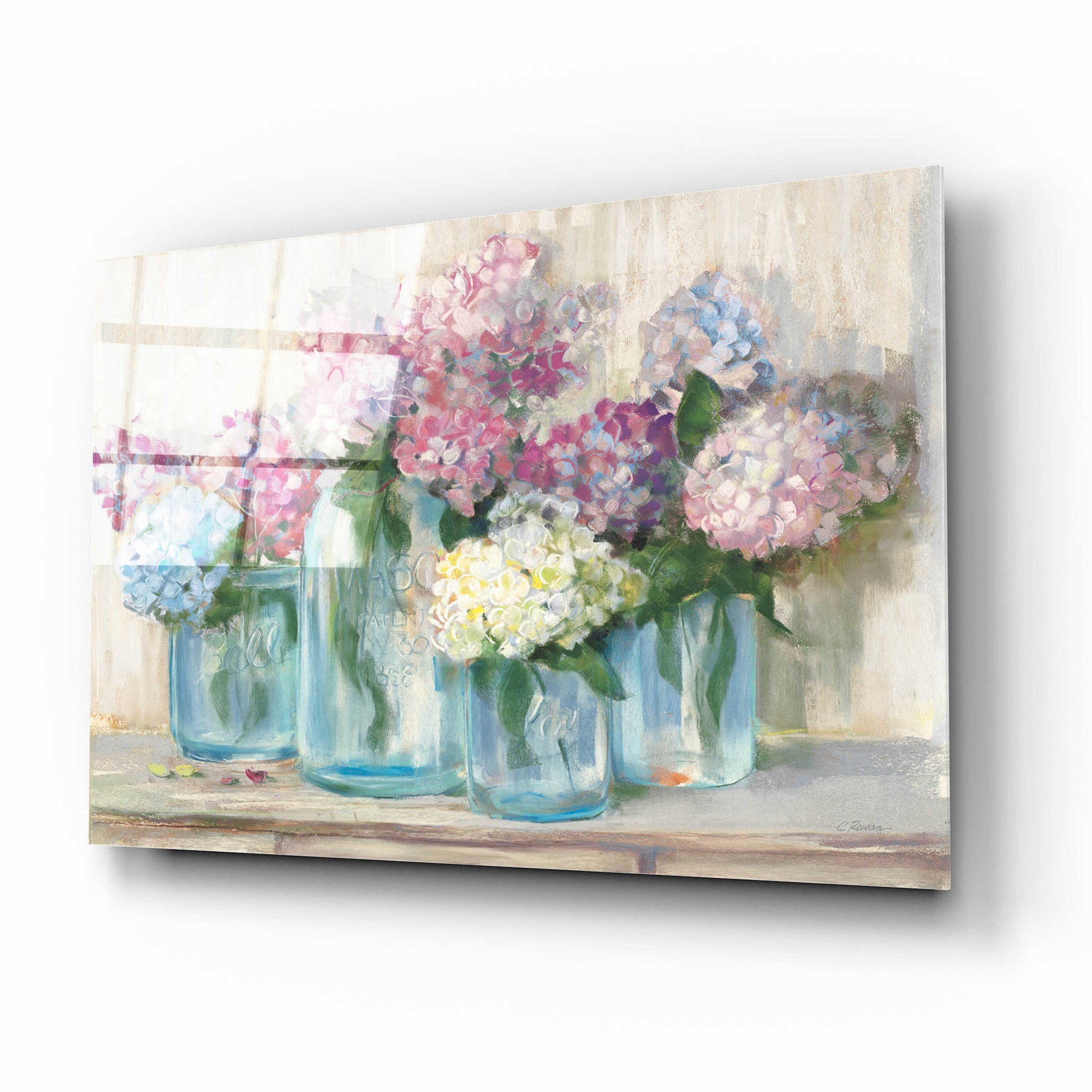 Epic Art 'Hydrangeas In Glass Jar Pastel Crop' by Carol Rowan, Acrylic Glass Wall Art,16x12