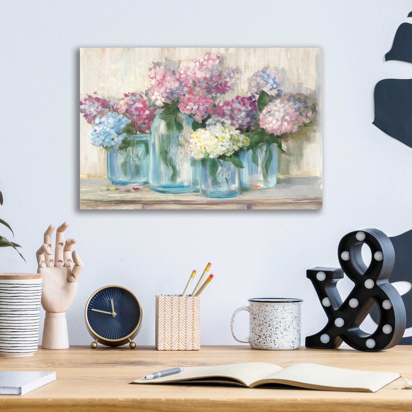 Epic Art 'Hydrangeas In Glass Jar Pastel Crop' by Carol Rowan, Acrylic Glass Wall Art,16x12