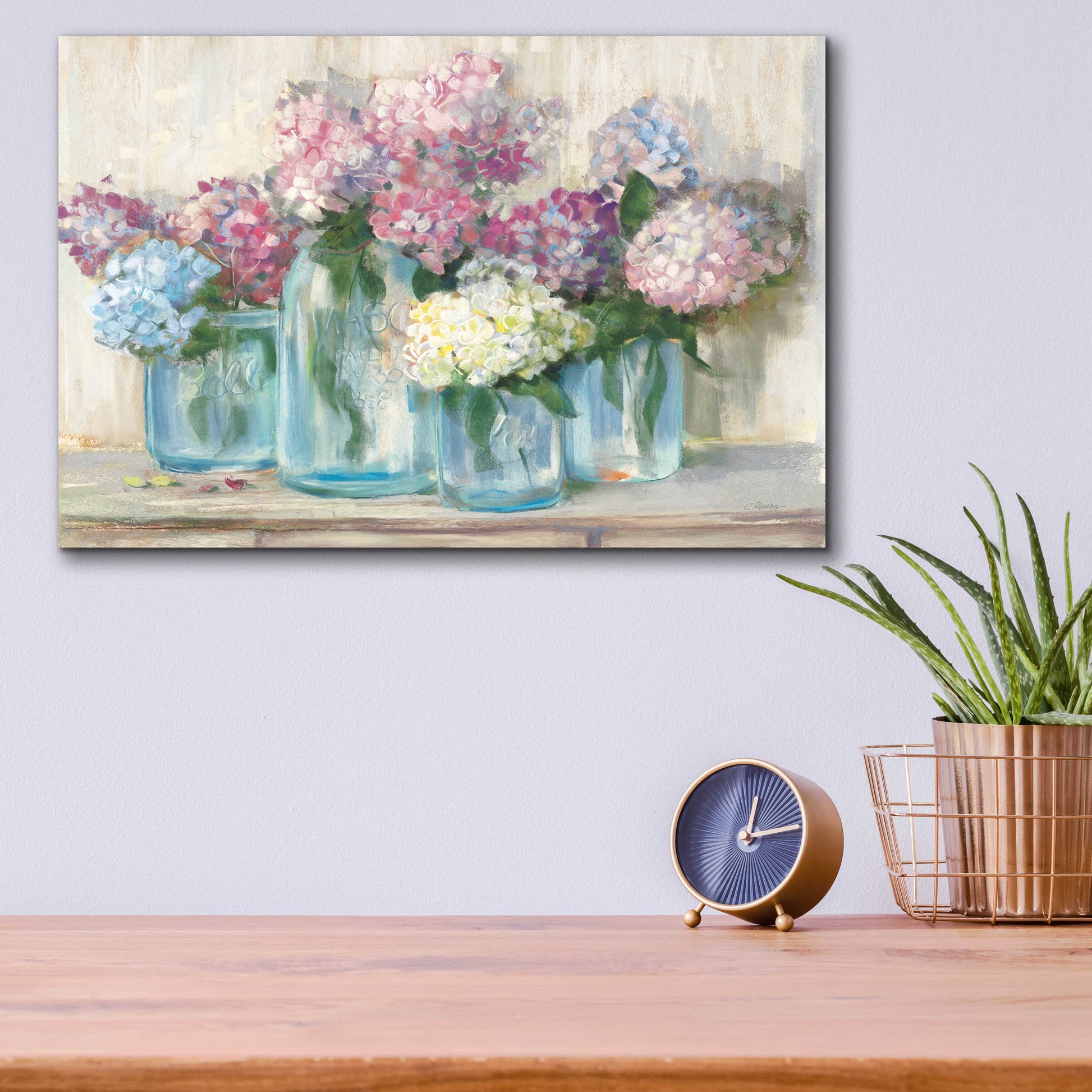 Epic Art 'Hydrangeas In Glass Jar Pastel Crop' by Carol Rowan, Acrylic Glass Wall Art,16x12