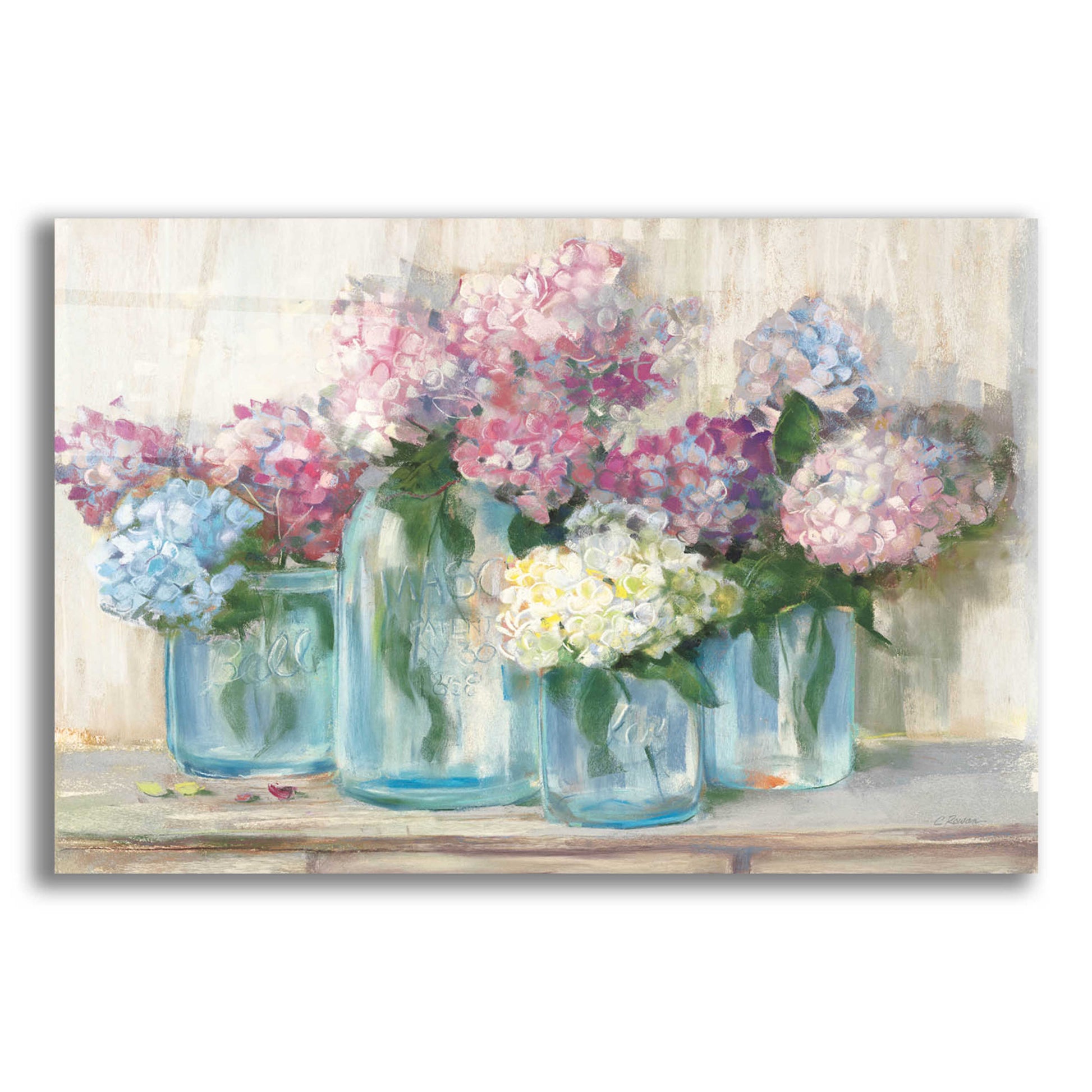 Epic Art 'Hydrangeas In Glass Jar Pastel Crop' by Carol Rowan, Acrylic Glass Wall Art,24x16